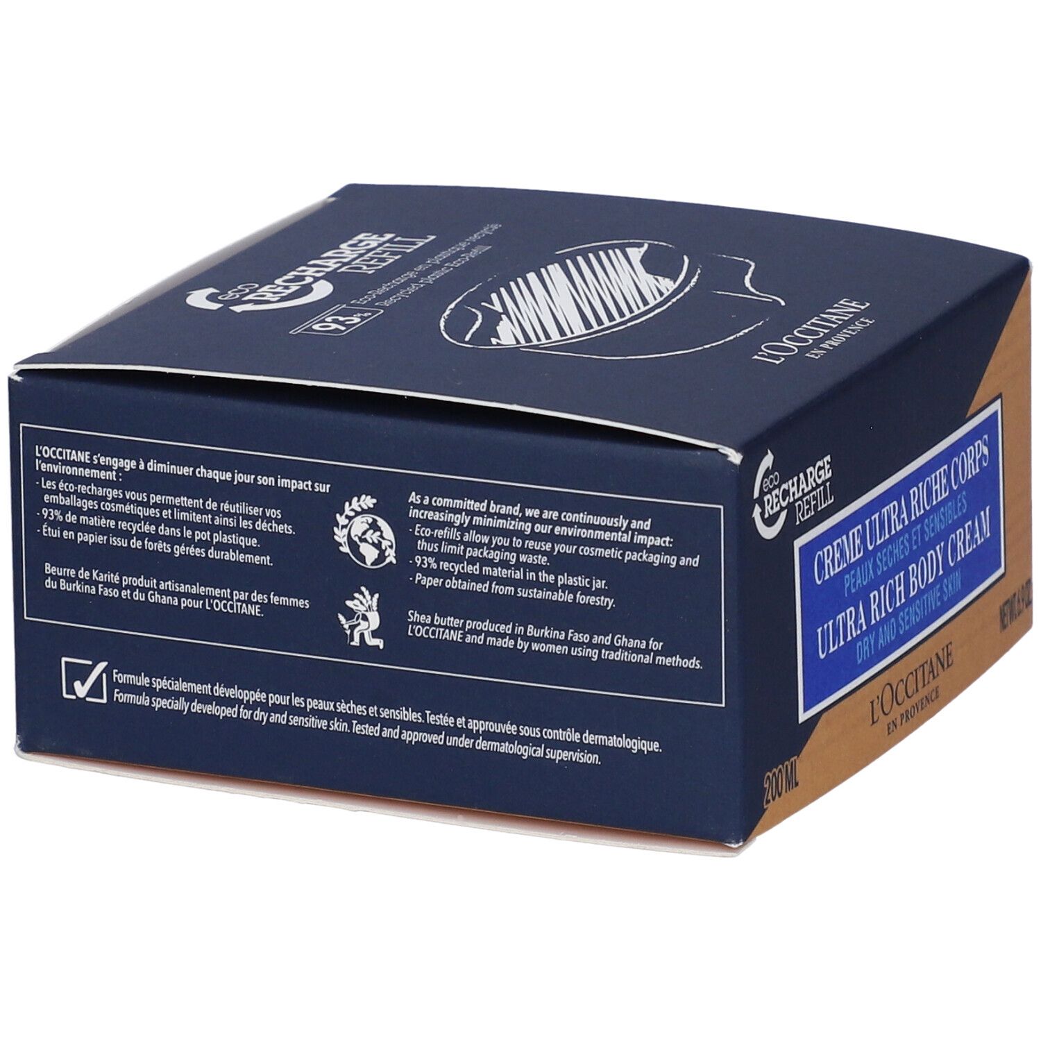 Confezione in cartone. Colori blu e marrone. Testo: Crema Ultra Riche Corps, Ultra Rich Body Cream, Eco Recharge Refill.