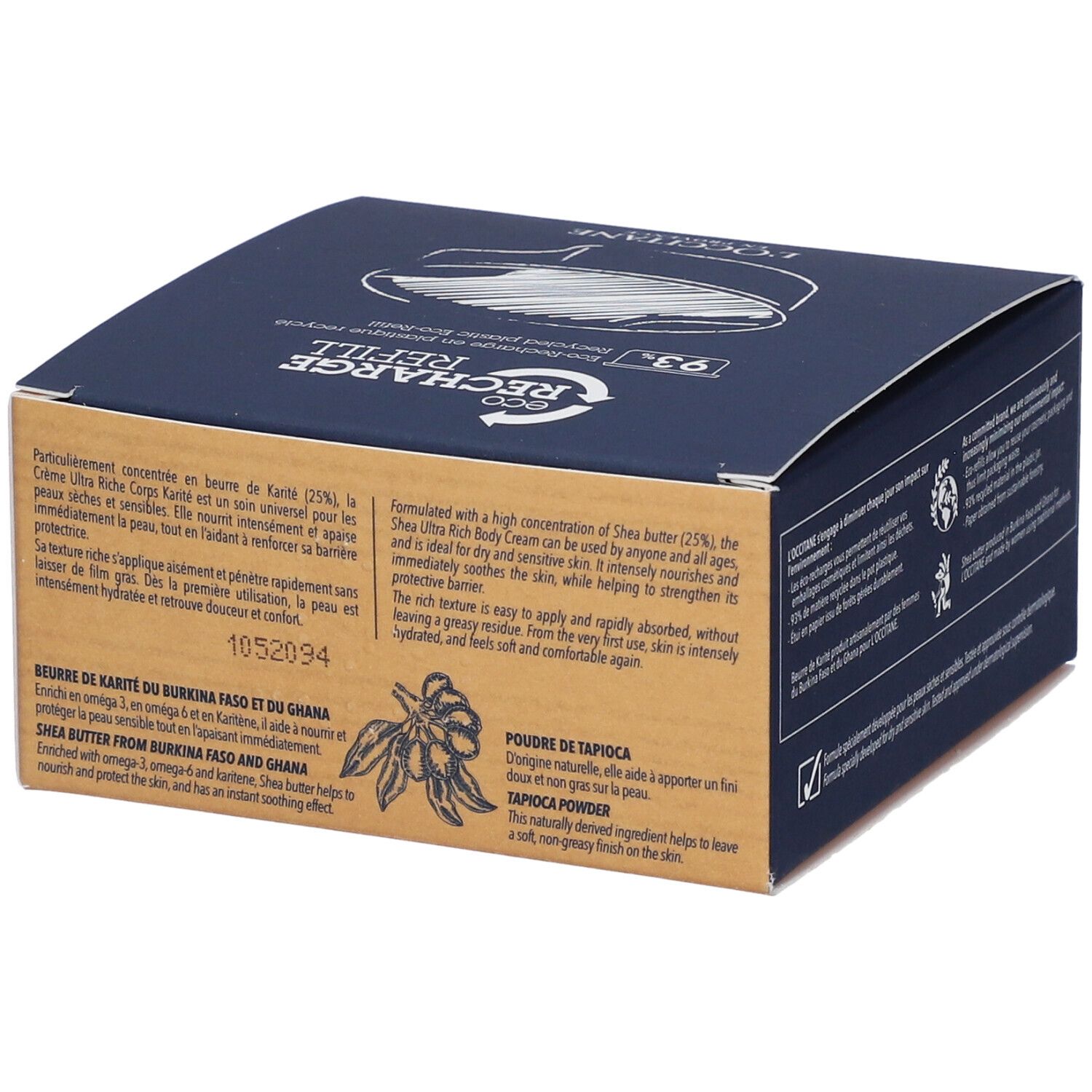 Confezione in cartone. Colori blu e marrone. Testo: Crema Ultra Riche Corps, Ultra Rich Body Cream, Burro di Karité, Polvere di Tapioca.