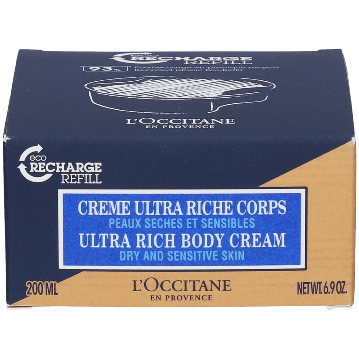 Confezione in cartone. Colori blu e marrone. Testo: Crema Ultra Riche Corps, Ultra Rich Body Cream, 200 ml, 6.9 oz.