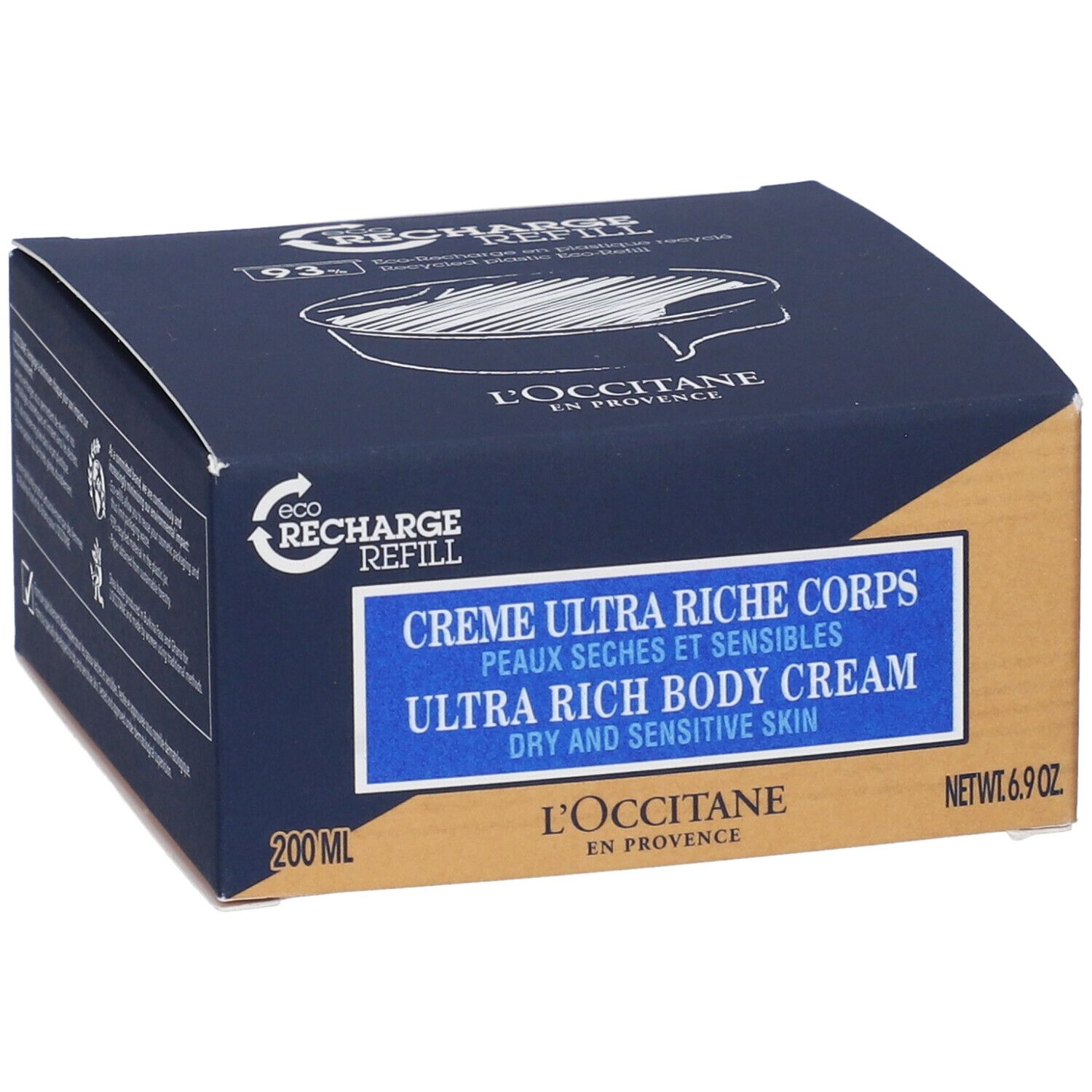 Confezione in cartone. Colori blu e marrone. Testo: Crema Ultra Riche Corps, Ultra Rich Body Cream, 200 ml, 6.9 oz.