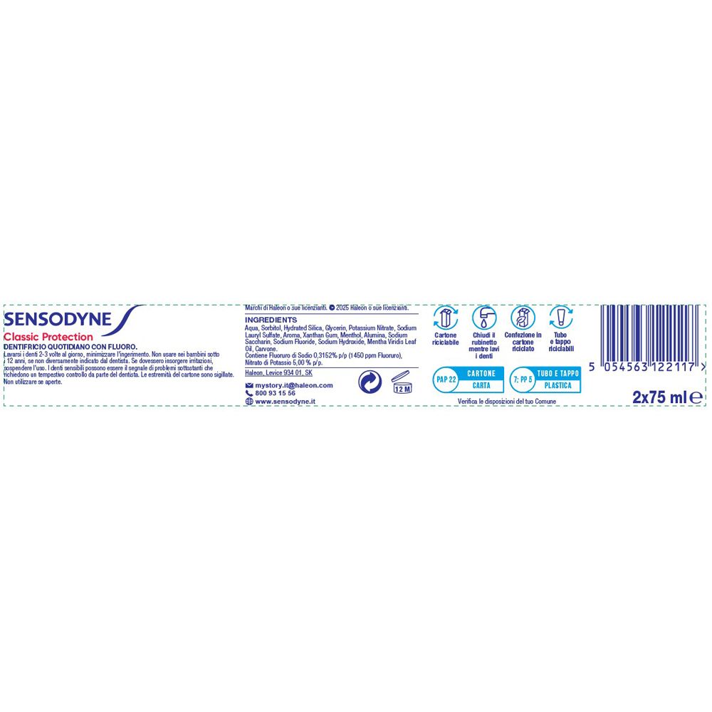 Sensodyne Classic Protection Zahnpasta, 2x75ml Packung mit Produktinformationen und Symbolen.