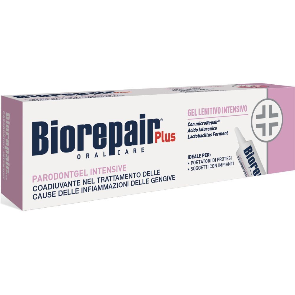 Gel per gengive in scatola. Marchio Biorepair Plus. Testo: Parodontgel Intensive, Gel Lenitivo Intensivo.