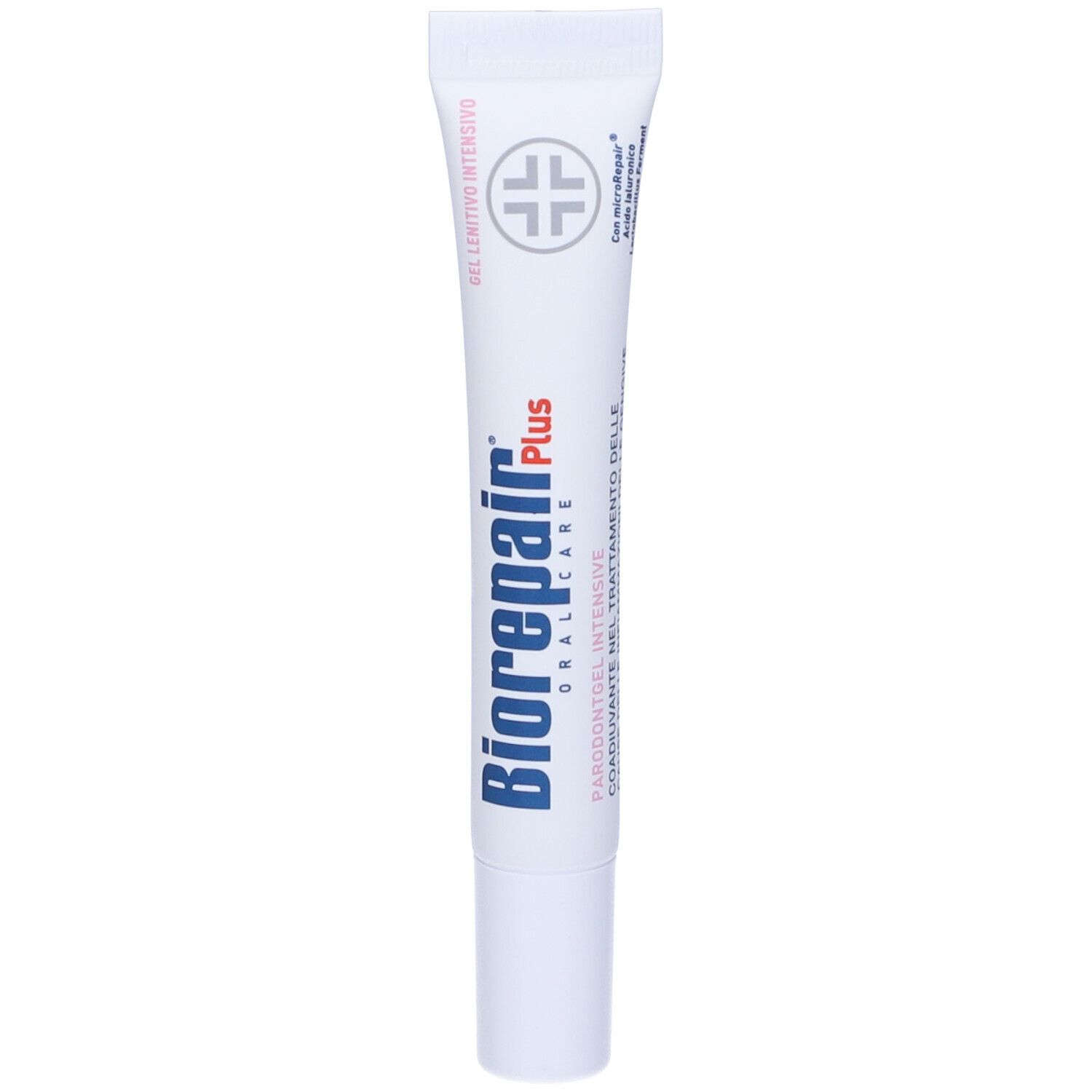 Tubo di gel per gengive. Marchio Biorepair Plus. Testo: Gel Lenitivo Intensivo. Bianco e blu.