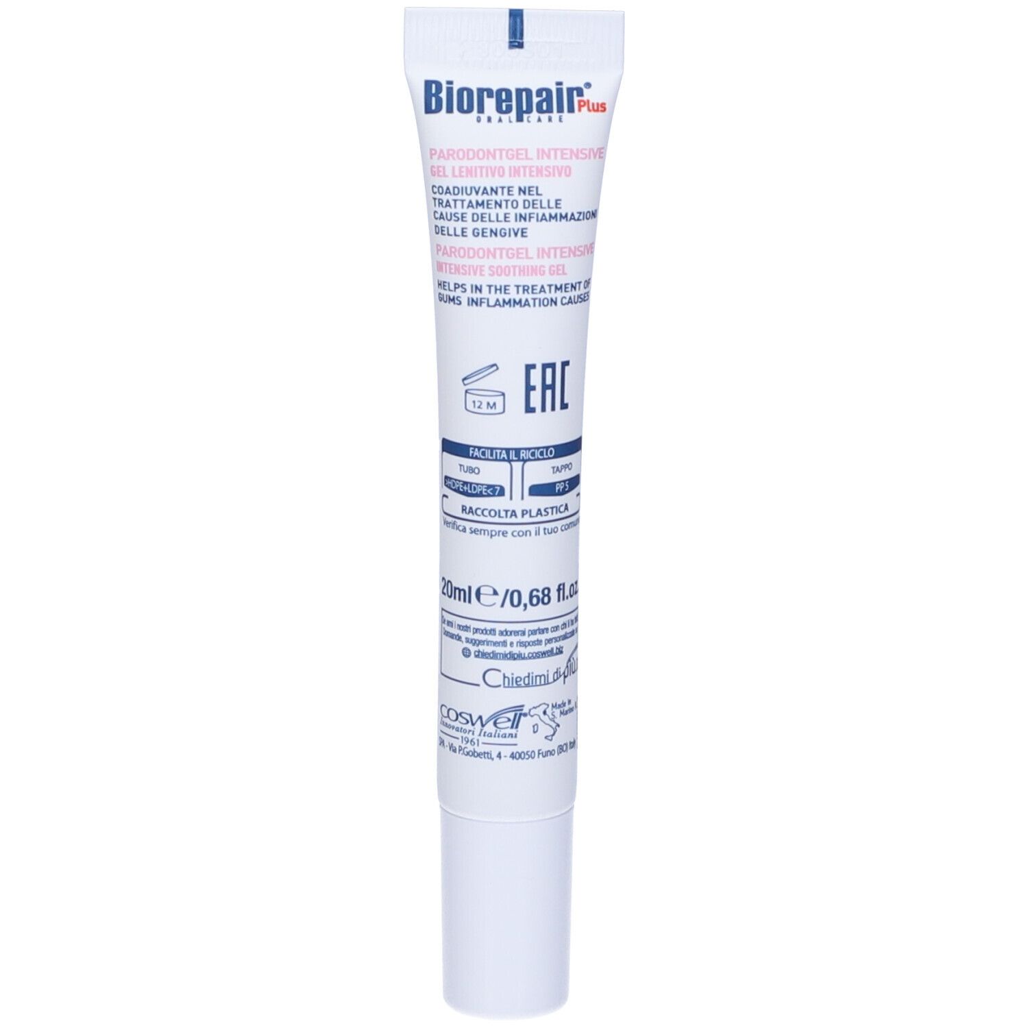 Tubo di gel per gengive. Marchio Biorepair Plus. Testo: Parodontgel Intensive, Gel Lenitivo Intensivo. 20ml.