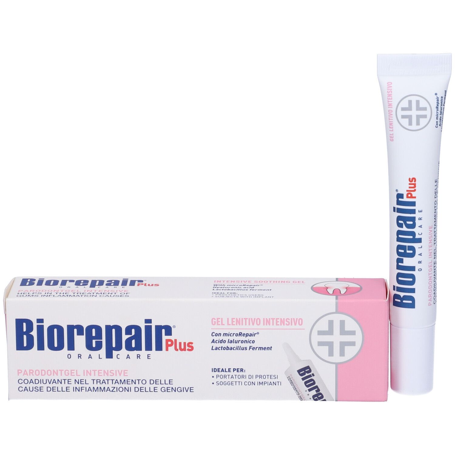 Gel per gengive e scatola. Marchio Biorepair Plus. Testo: Parodontgel Intensive, Gel Lenitivo Intensivo.