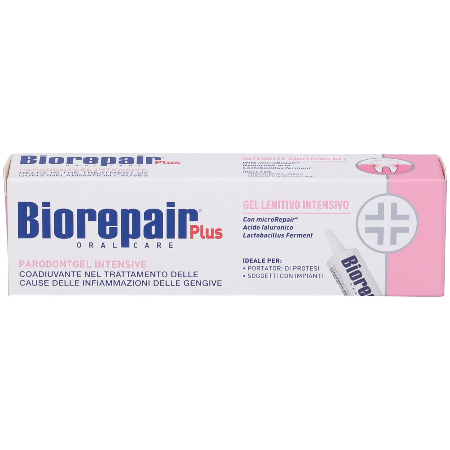 Gel per gengive in scatola. Marchio Biorepair Plus. Testo: Parodontgel Intensive, Gel Lenitivo Intensivo.