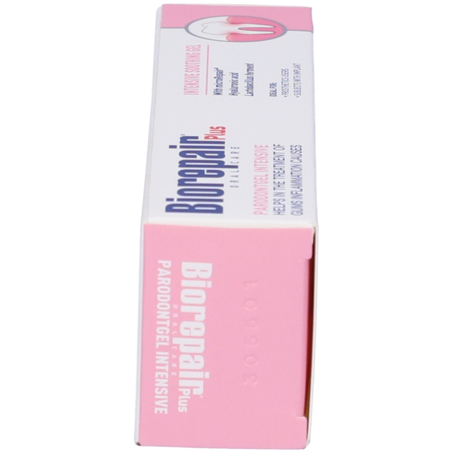 Scatola di gel per gengive. Marchio Biorepair Plus. Testo: Parodontgel Intensive, Gel Lenitivo Intensivo.