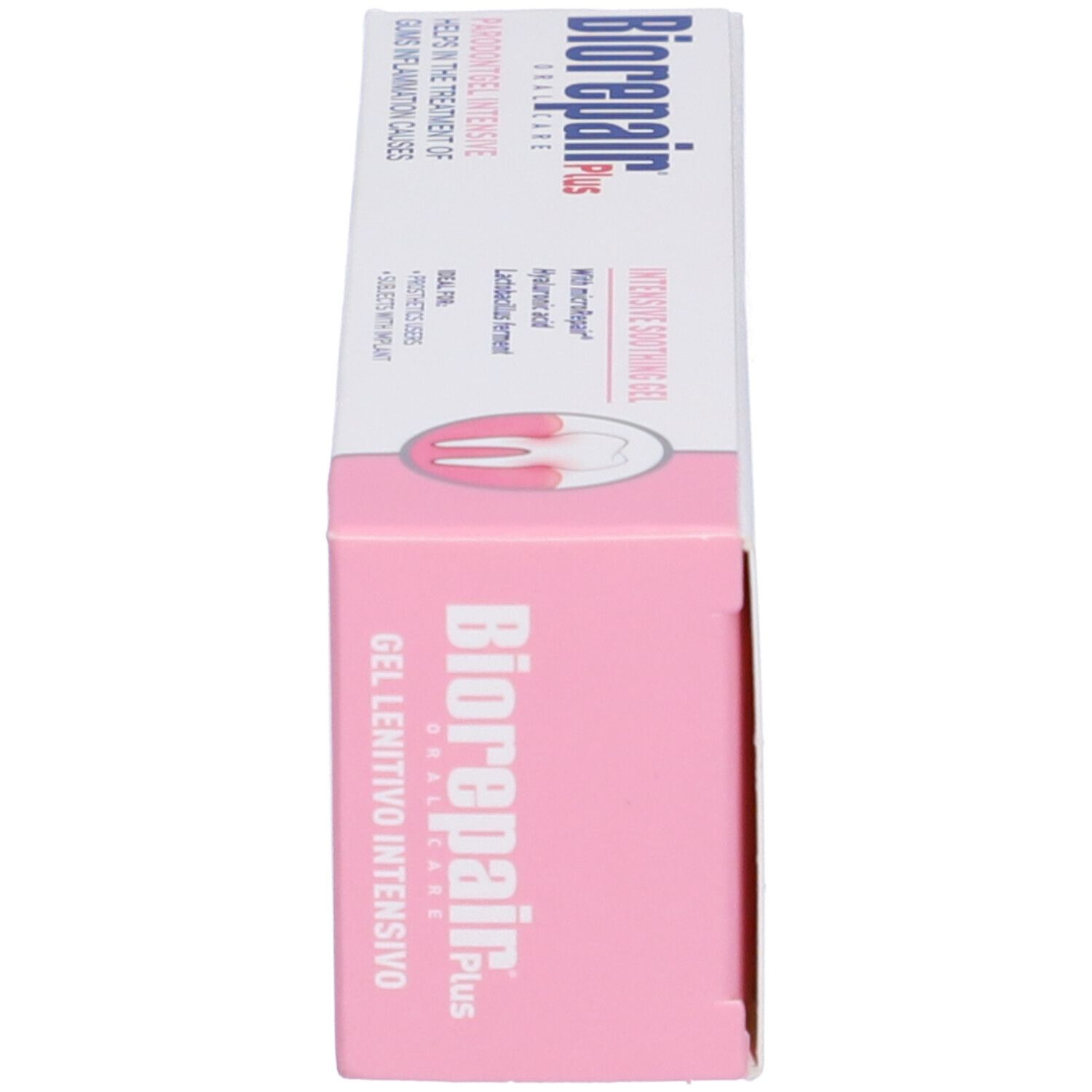 Scatola di gel per gengive. Marchio Biorepair Plus. Testo: Gel Lenitivo Intensivo, Intensive Soothing Gel.