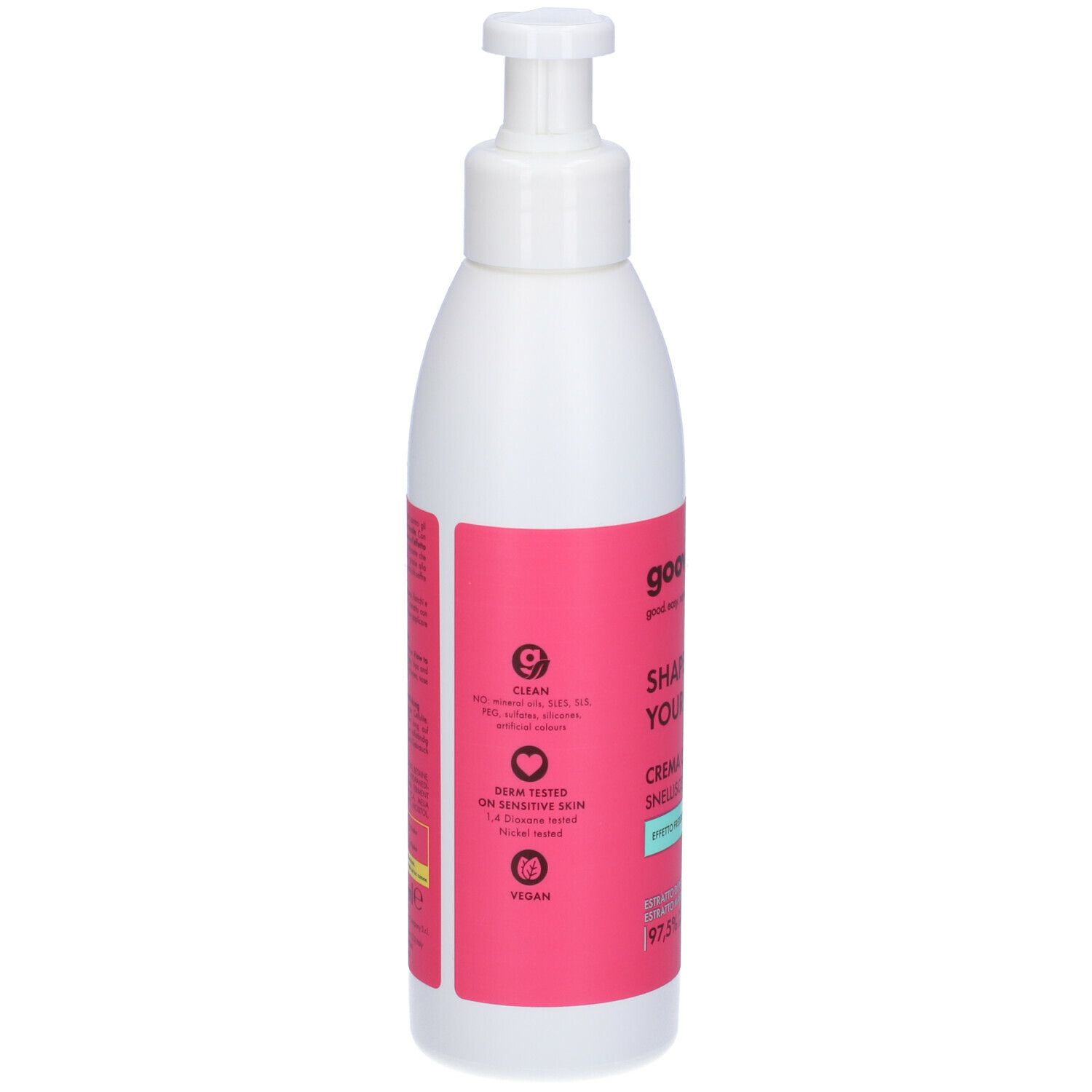 Flacone bianco con dosatore. Retro con testo e loghi. Etichetta rosa con loghi bianchi.