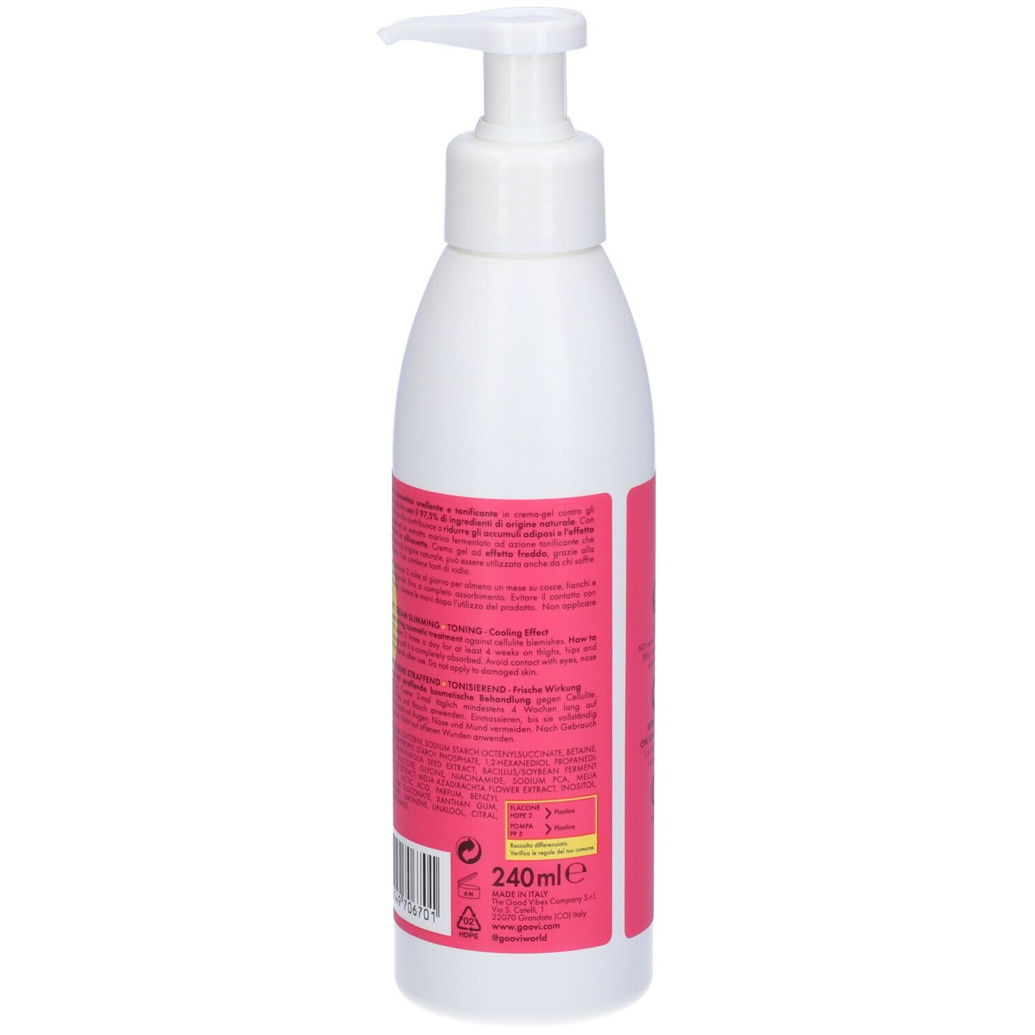 Flacone bianco con dosatore. Retro con testo. Etichetta rosa con testo e codice a barre.