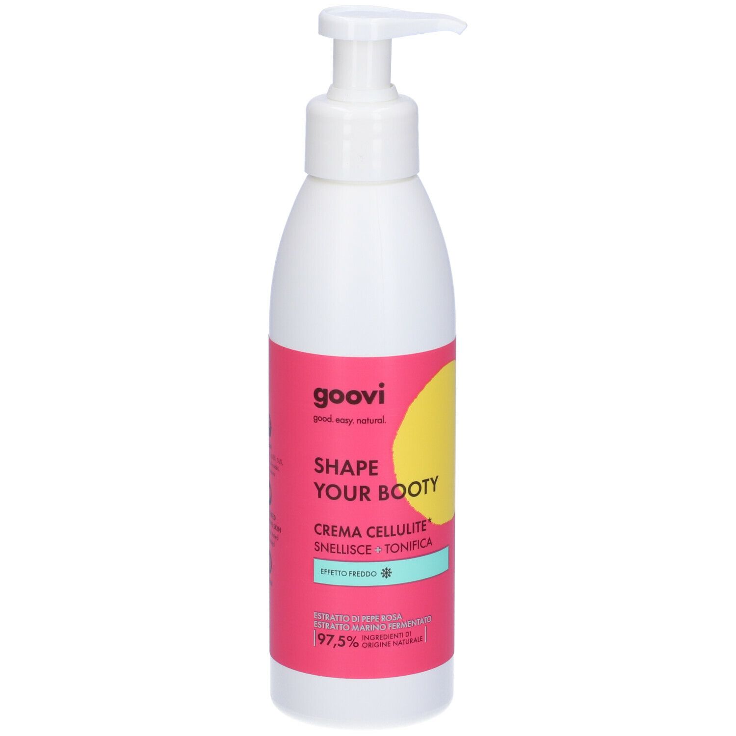 Flacone bianco con dosatore. Scritta: Shape Your Booty, Crema Cellulite. Dettagli rosa e gialli.