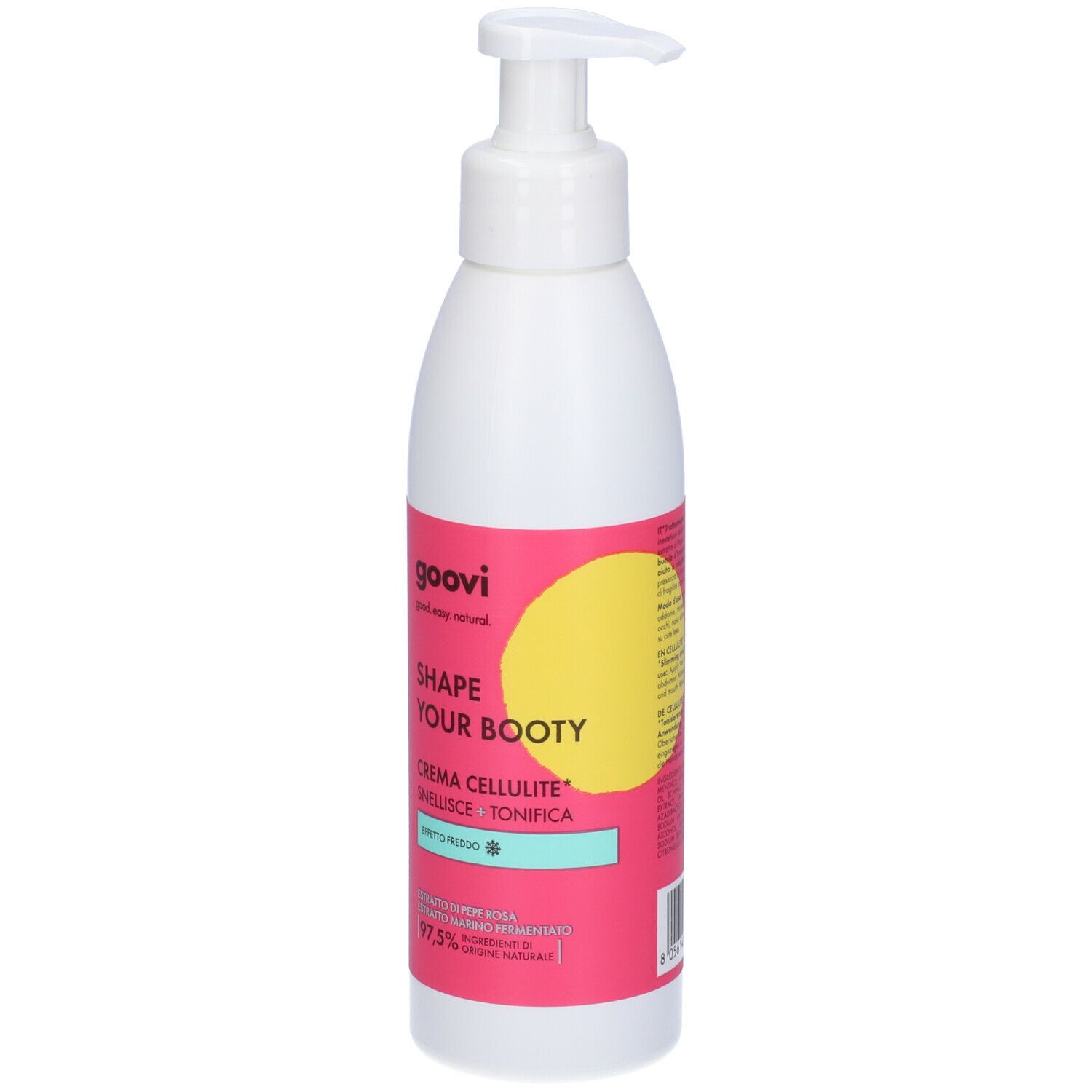 Flacone bianco con dosatore. Scritta: Shape Your Booty, Crema Cellulite. Dettagli rosa e gialli.