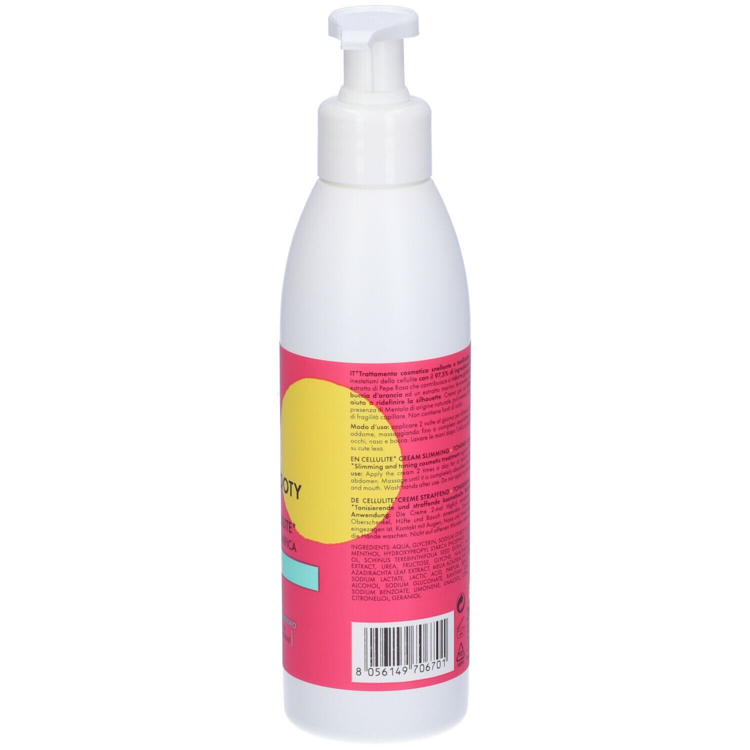 Flacone bianco con dosatore. Retro con testo. Etichetta rosa con testo e codice a barre.