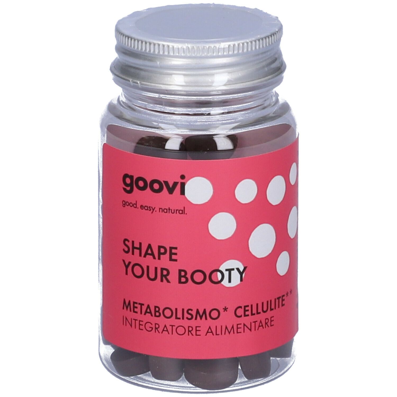 Flacone trasparente con compresse. Etichetta rossa con pois bianchi e testo: Shape Your Booty, Metabolismo, Integratore Alimentare.