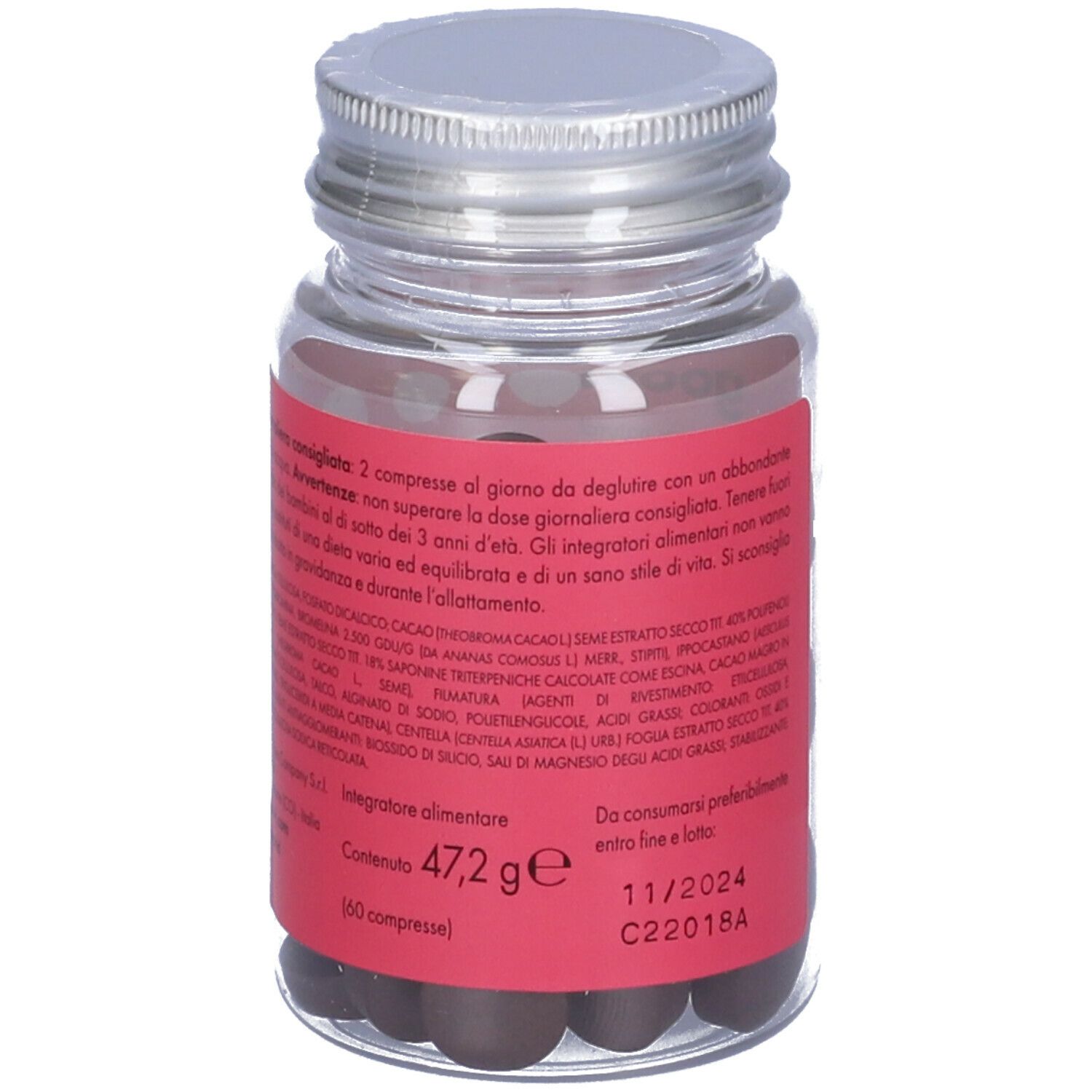 Retro del flacone con compresse. Etichetta rossa con testo. Tappo argentato. Compresse marrone scuro.