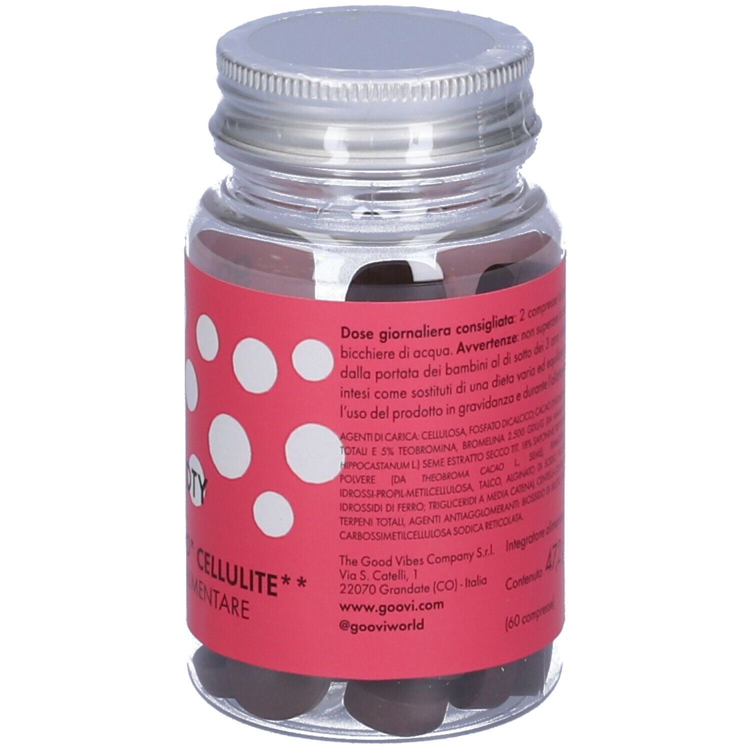 Retro del flacone con compresse. Etichetta rossa con testo. Tappo argentato. Compresse marrone scuro.