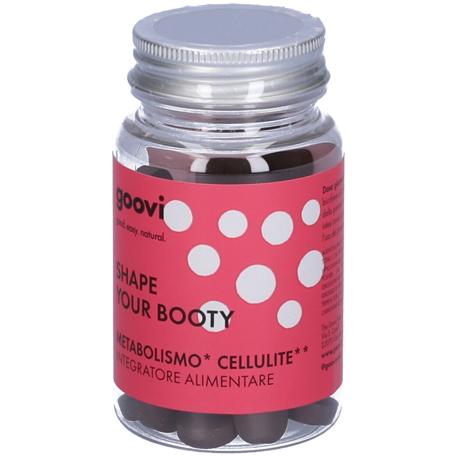Flacone trasparente con compresse. Etichetta rossa con pois bianchi e testo: Shape Your Booty, Metabolismo, Integratore Alimentare.