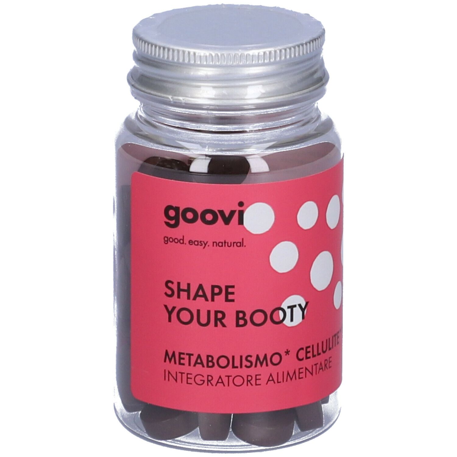 Flacone trasparente con compresse. Etichetta rossa con pois bianchi e testo: Shape Your Booty, Metabolismo, Integratore Alimentare.
