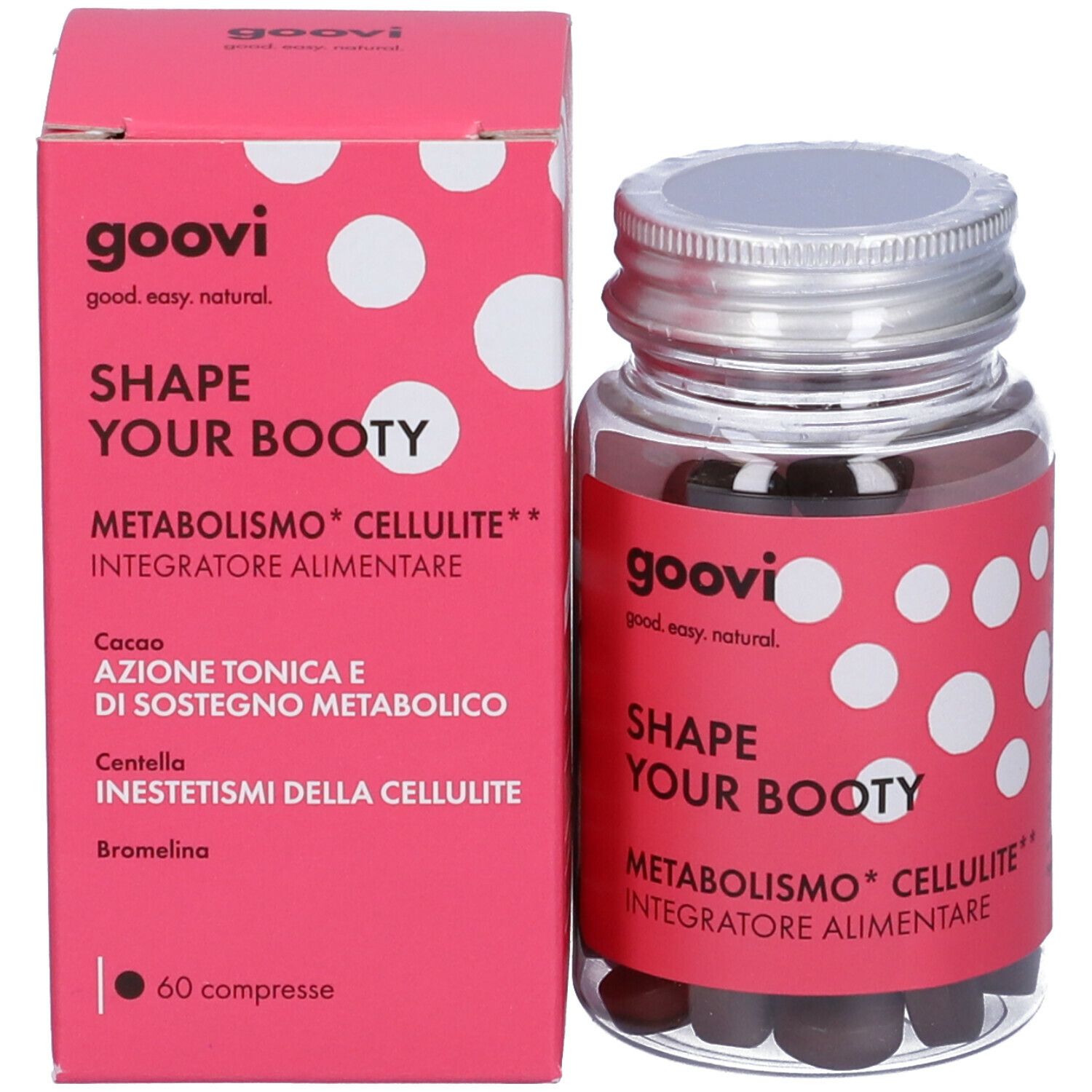 Flacone e scatola. Design rosso con pois bianchi. Testo: Shape Your Booty, Metabolismo, Integratore Alimentare. 60 compresse.