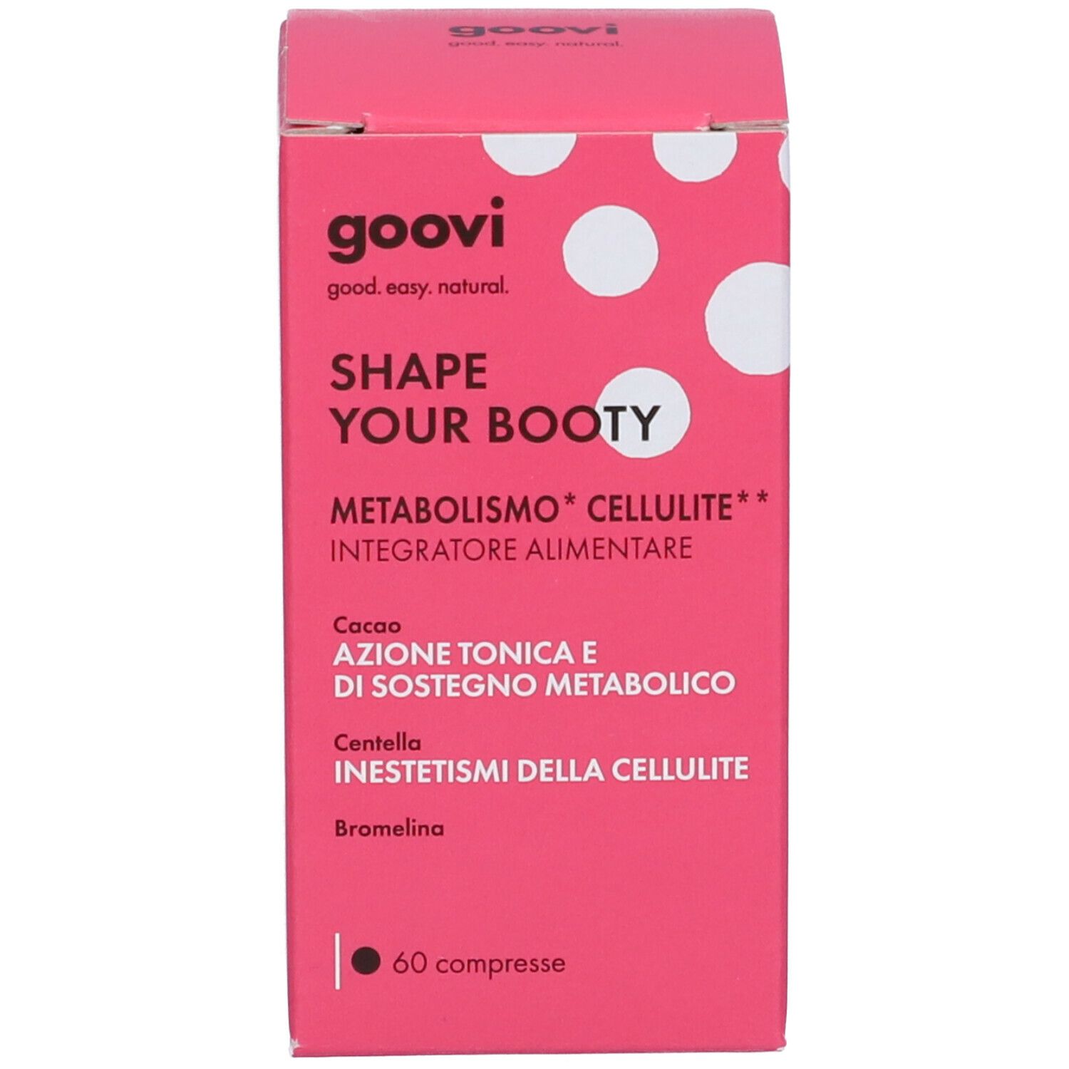 Scatola rossa con pois bianchi. Testo: Shape Your Booty, Metabolismo, Integratore Alimentare. 60 compresse.