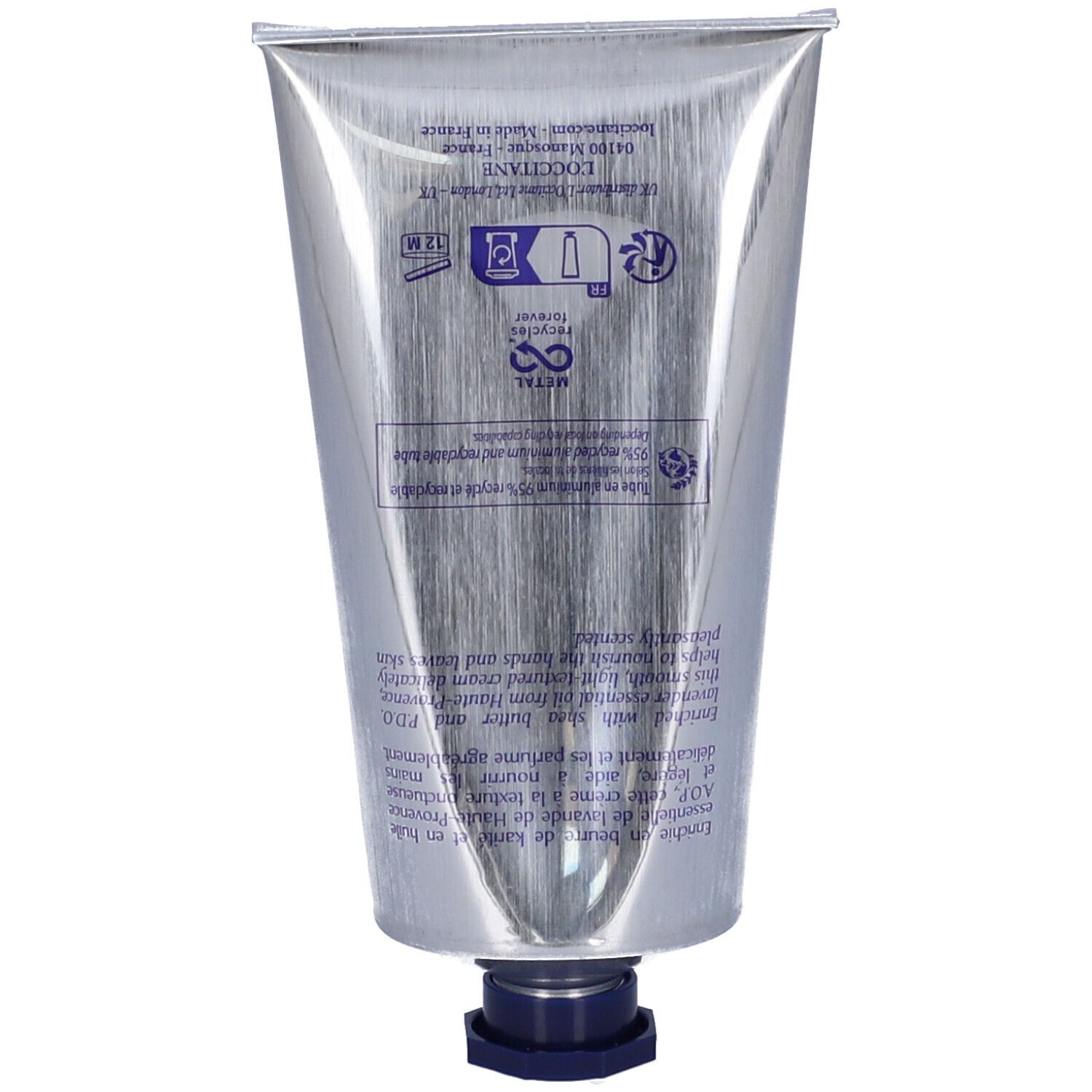 Retro del tubo di crema mani. Informazioni sul prodotto, simboli di riciclo. L'Occitane.