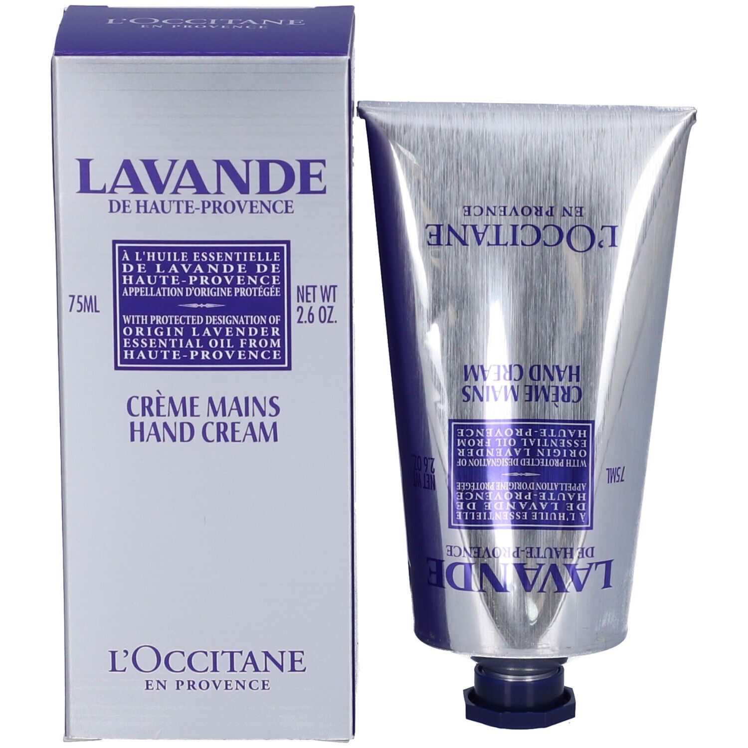 Tubo e scatola di crema mani. Crema mani Lavanda, 75 ml. L'Occitane.