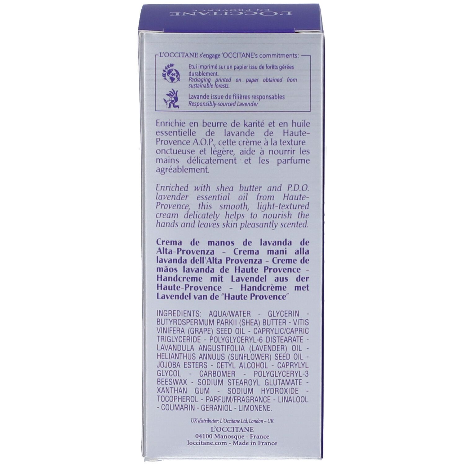 Retro della scatola di crema mani. Informazioni sul prodotto, ingredienti. L'Occitane.
