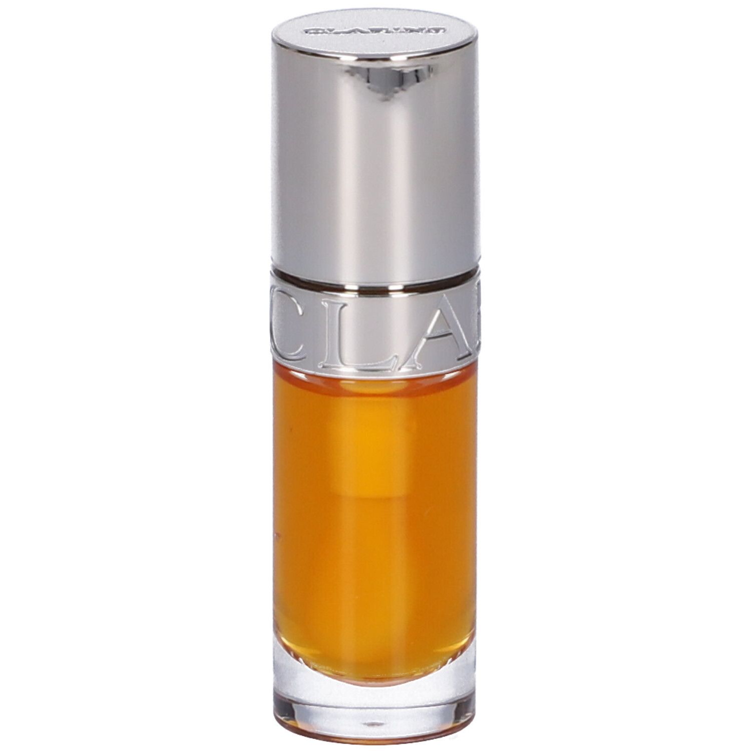 Clarins Lip Comfort Oil, tonalità Honey, in bottiglia di vetro con tappo argentato. Liquido visibile.