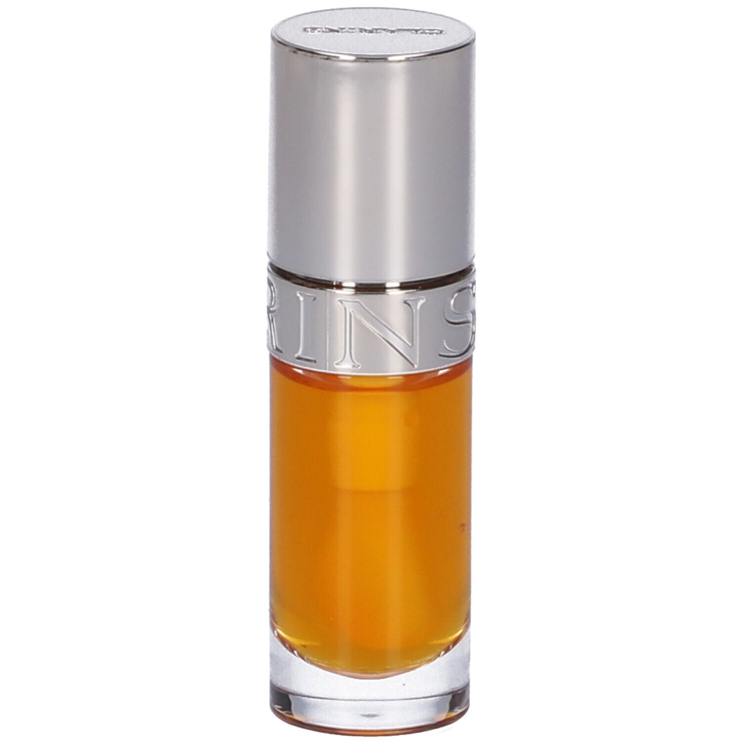 Clarins Lip Comfort Oil, tonalità Honey, in bottiglia di vetro con tappo argentato. Liquido visibile.