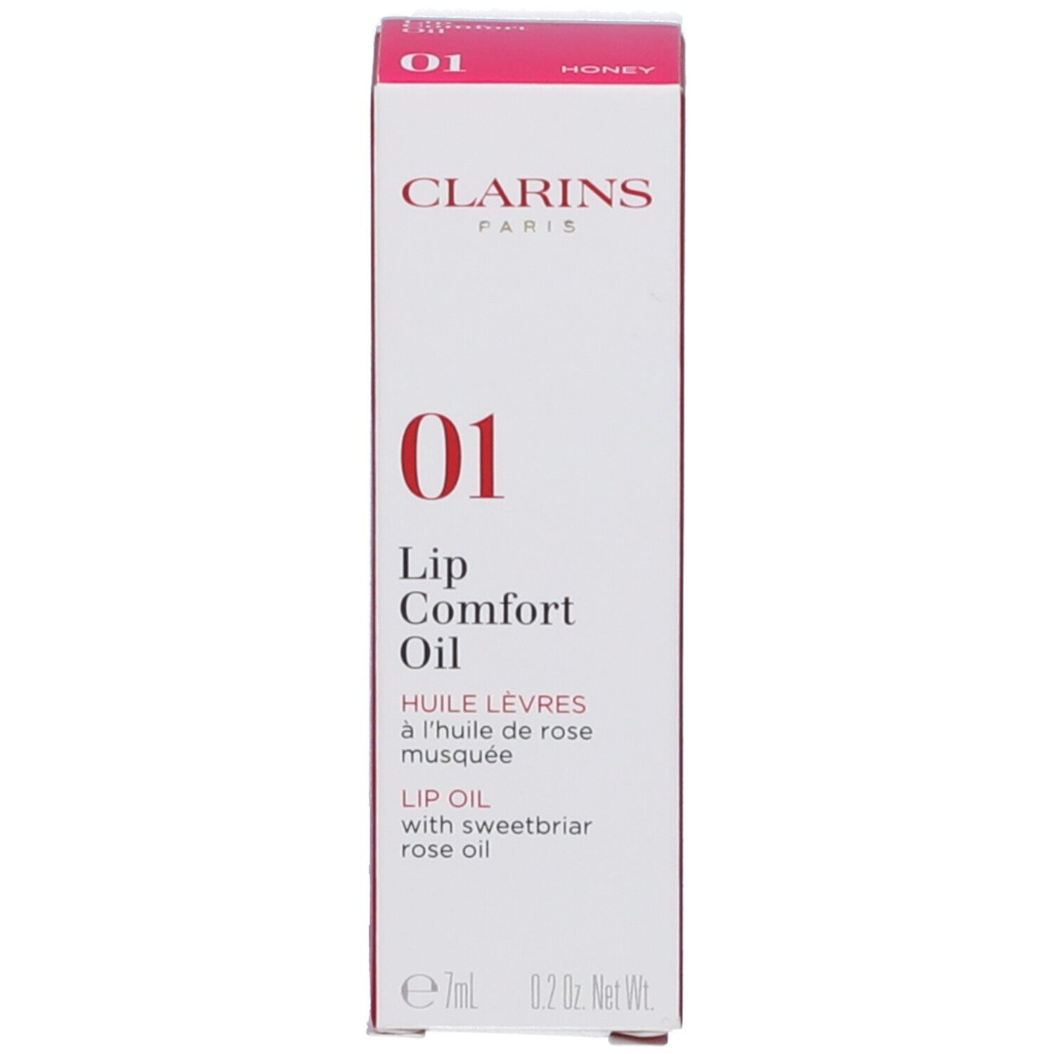 Confezione Clarins Lip Comfort Oil, tonalità 01 Honey. Scatola rossa e bianca con nome e dettagli.