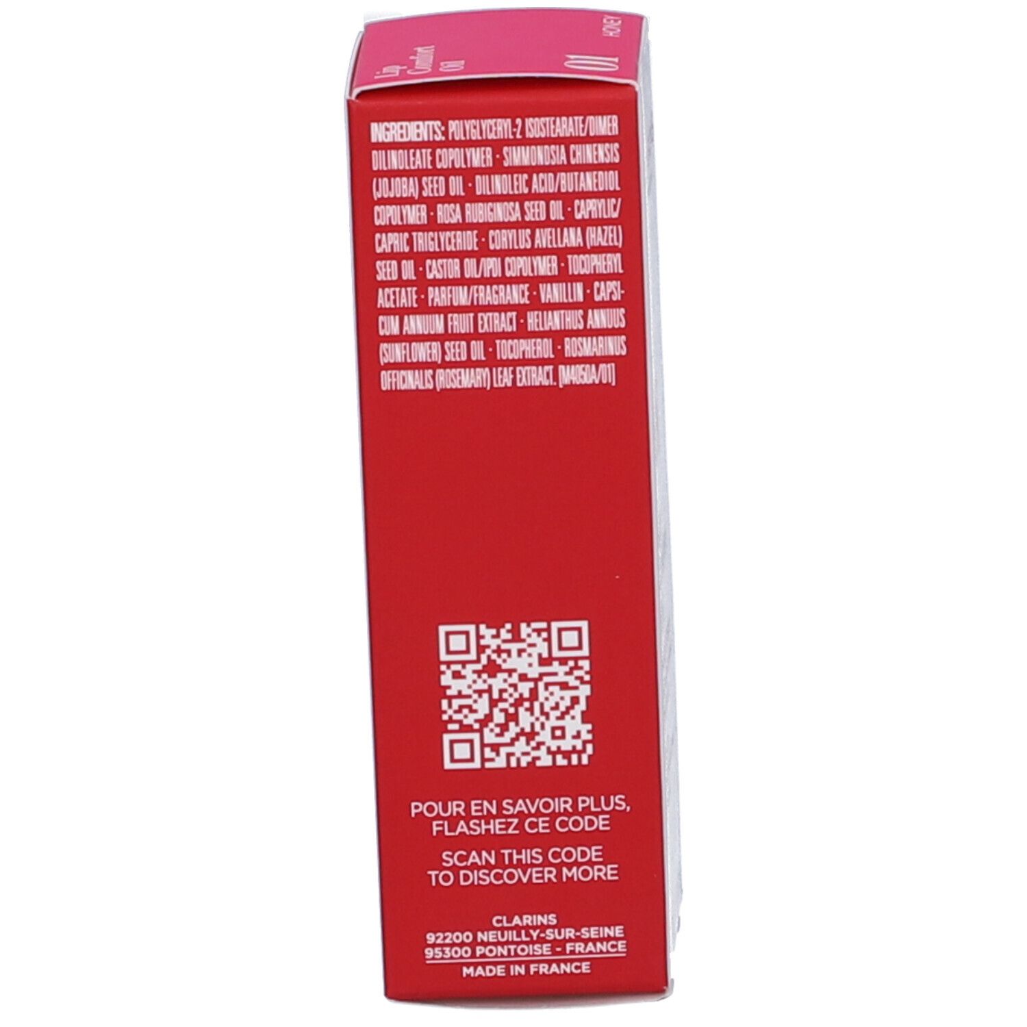 Retro della confezione Clarins Lip Comfort Oil. Scatola rossa con ingredienti, codice QR e informazioni.