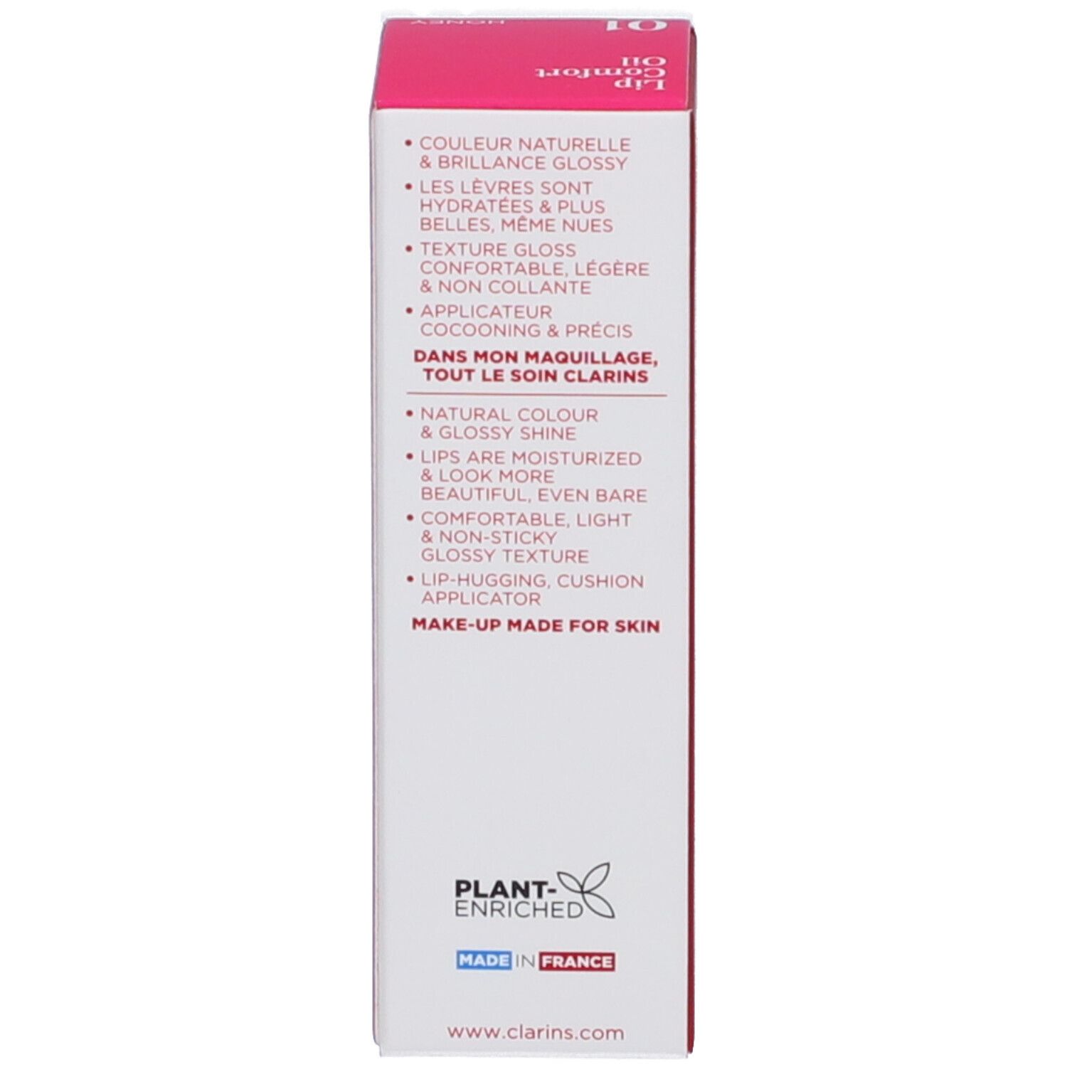 Lato della confezione Clarins Lip Comfort Oil. Scatola rossa con vantaggi del prodotto e informazioni.