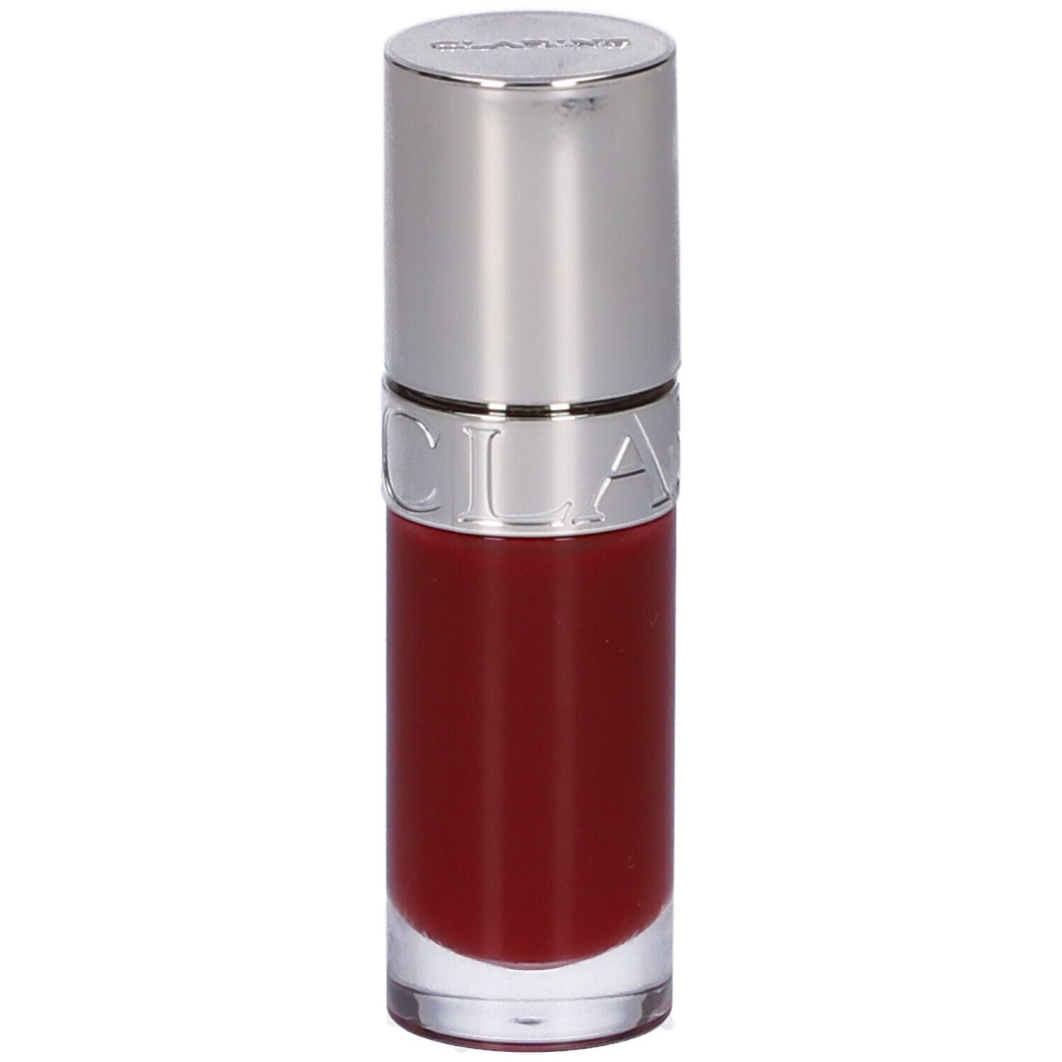 Olio labbra rosso in flacone di vetro con tappo argentato. Logo Clarins sul tappo e sul flacone.