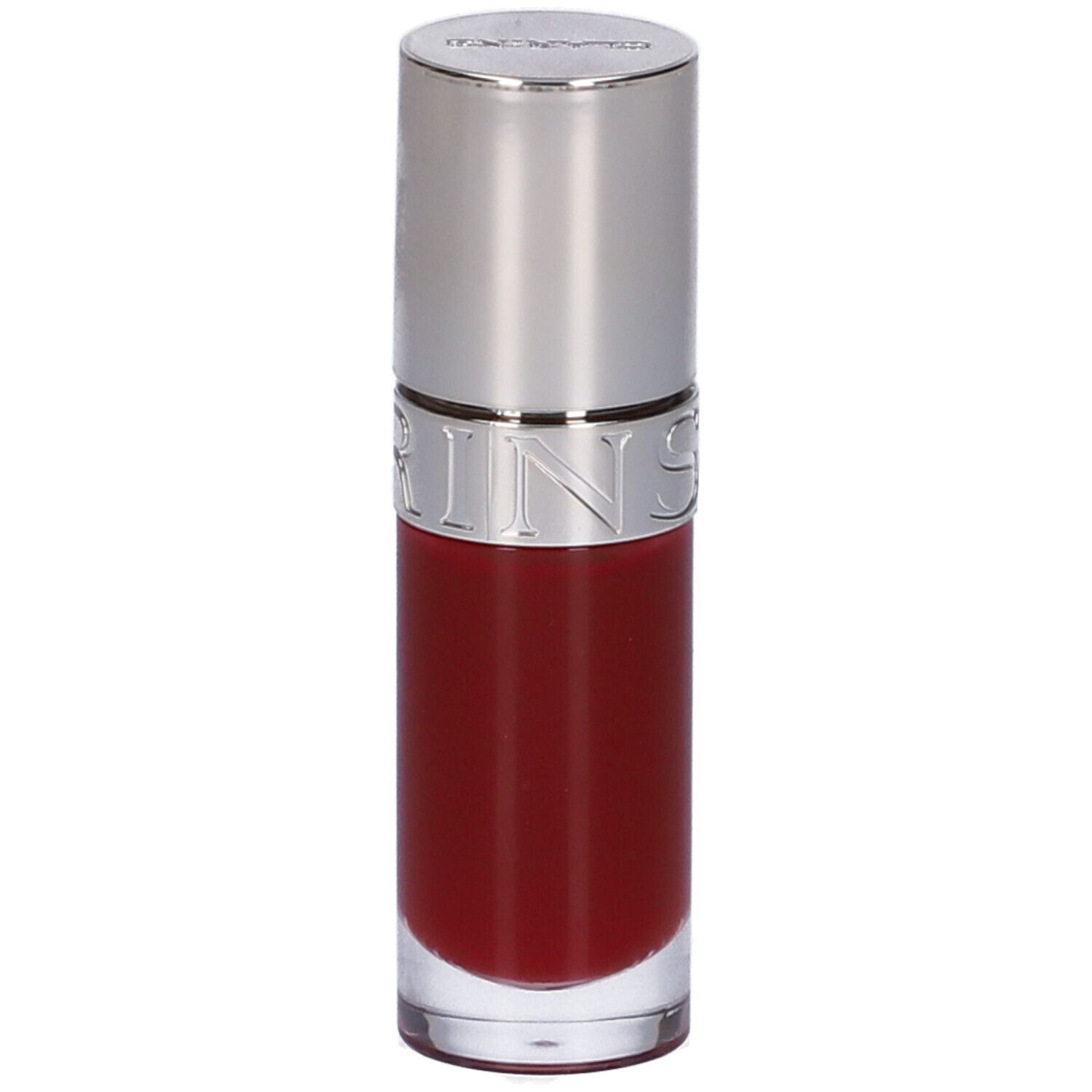 Olio labbra rosso in flacone di vetro con tappo argentato. Logo Clarins sul tappo e sul flacone.