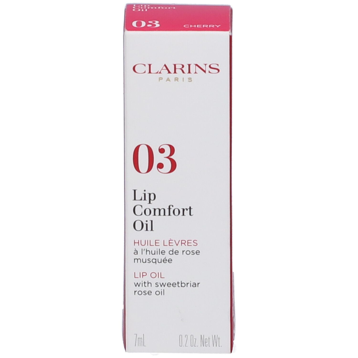 Confezione in cartone per Olio labbra. Bianca con testo rosso, logo Clarins, nome prodotto e tonalità 03 Cherry.