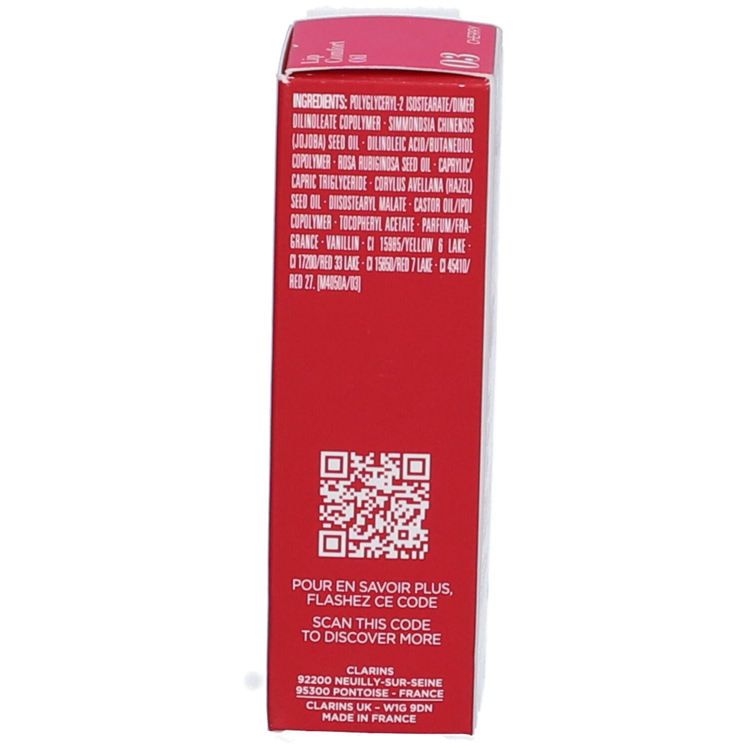 Retro della confezione. Sfondo rosso, ingredienti, codice QR e informazioni di contatto Clarins.