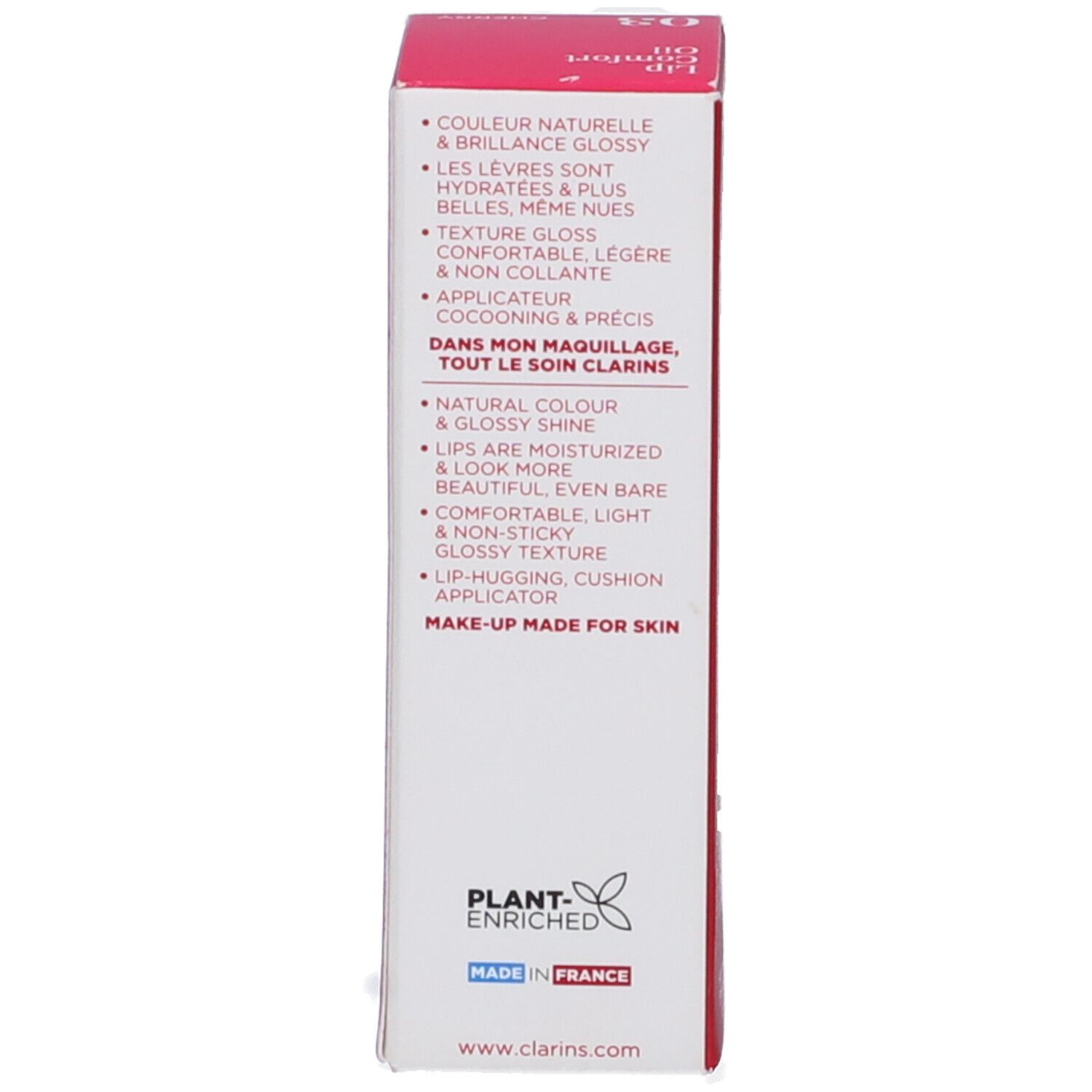Lato della confezione. Testo bianco su sfondo rosso, vantaggi del prodotto, logo Clarins e paese di origine.