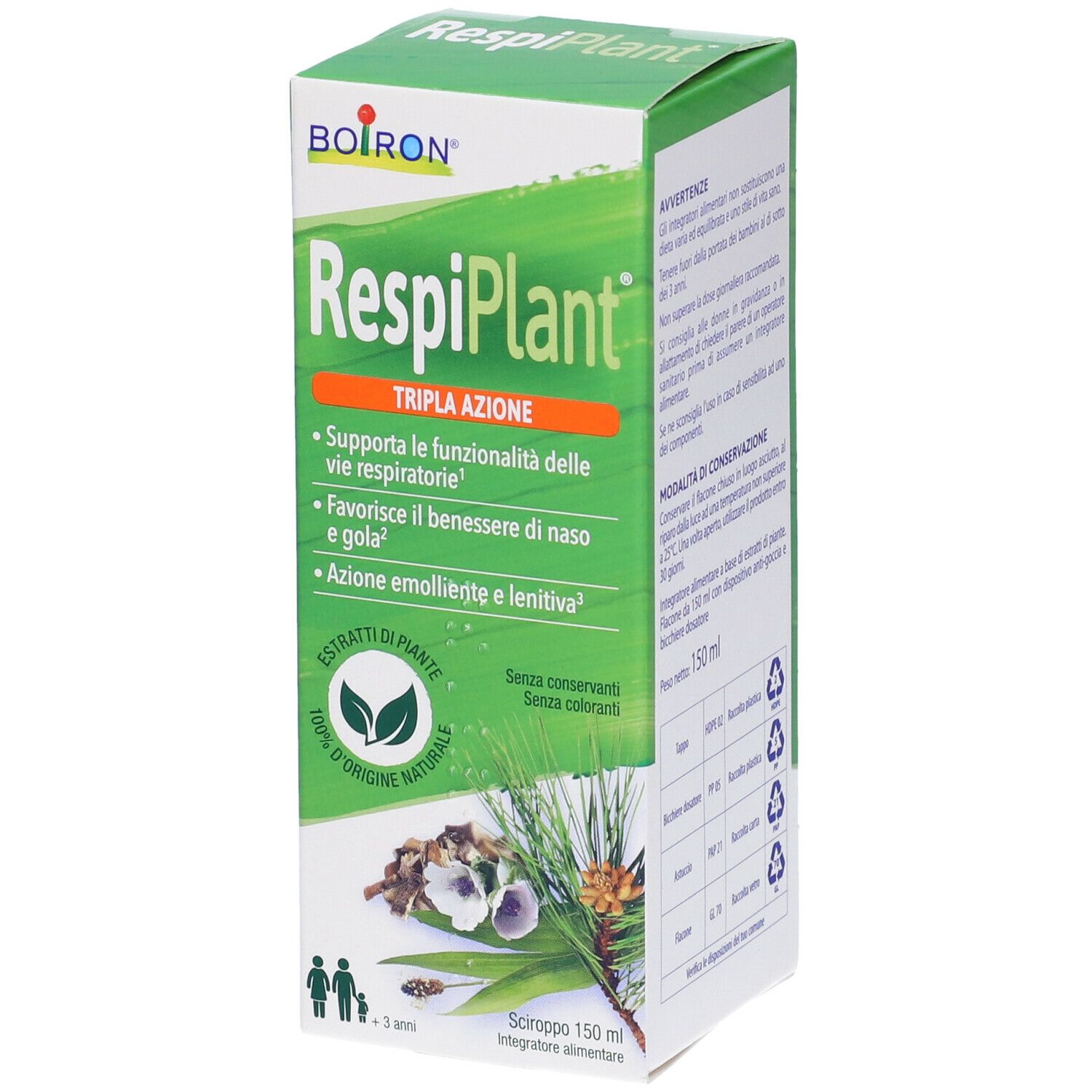 Scatola di BOIRON RespiPlant. Design verde e bianco. Testo: RespiPlant, Tripla Azione. Illustrazioni di piante. 150 ml.