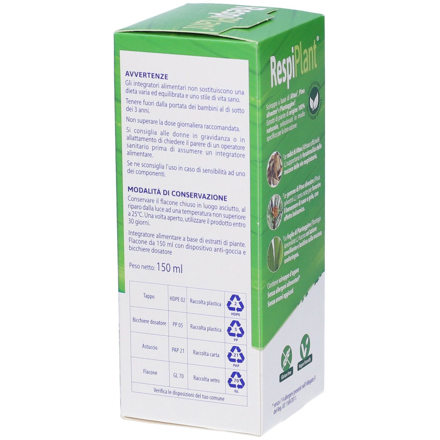 Lato della scatola RespiPlant. Avvertenze, istruzioni di conservazione, informazioni sullo smaltimento. 150 ml.