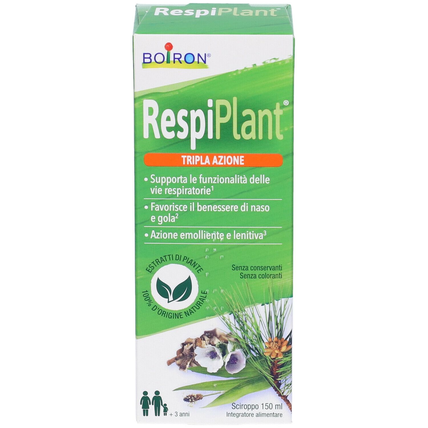 Scatola di BOIRON RespiPlant. Design verde e bianco. Testo: RespiPlant, Tripla Azione. Illustrazioni di piante. 150 ml.