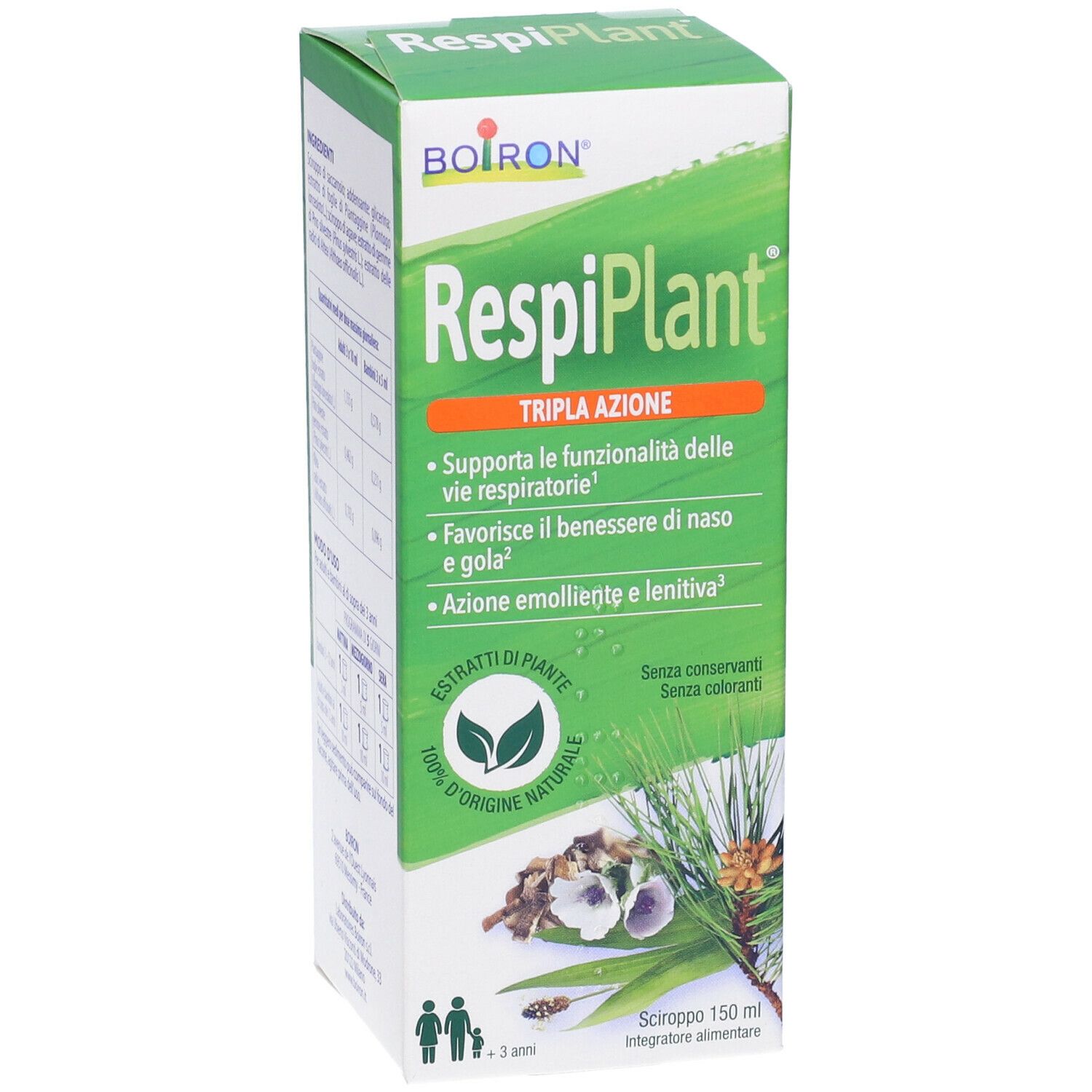 Scatola di BOIRON RespiPlant. Design verde e bianco. Testo: RespiPlant, Tripla Azione. Illustrazioni di piante. 150 ml.