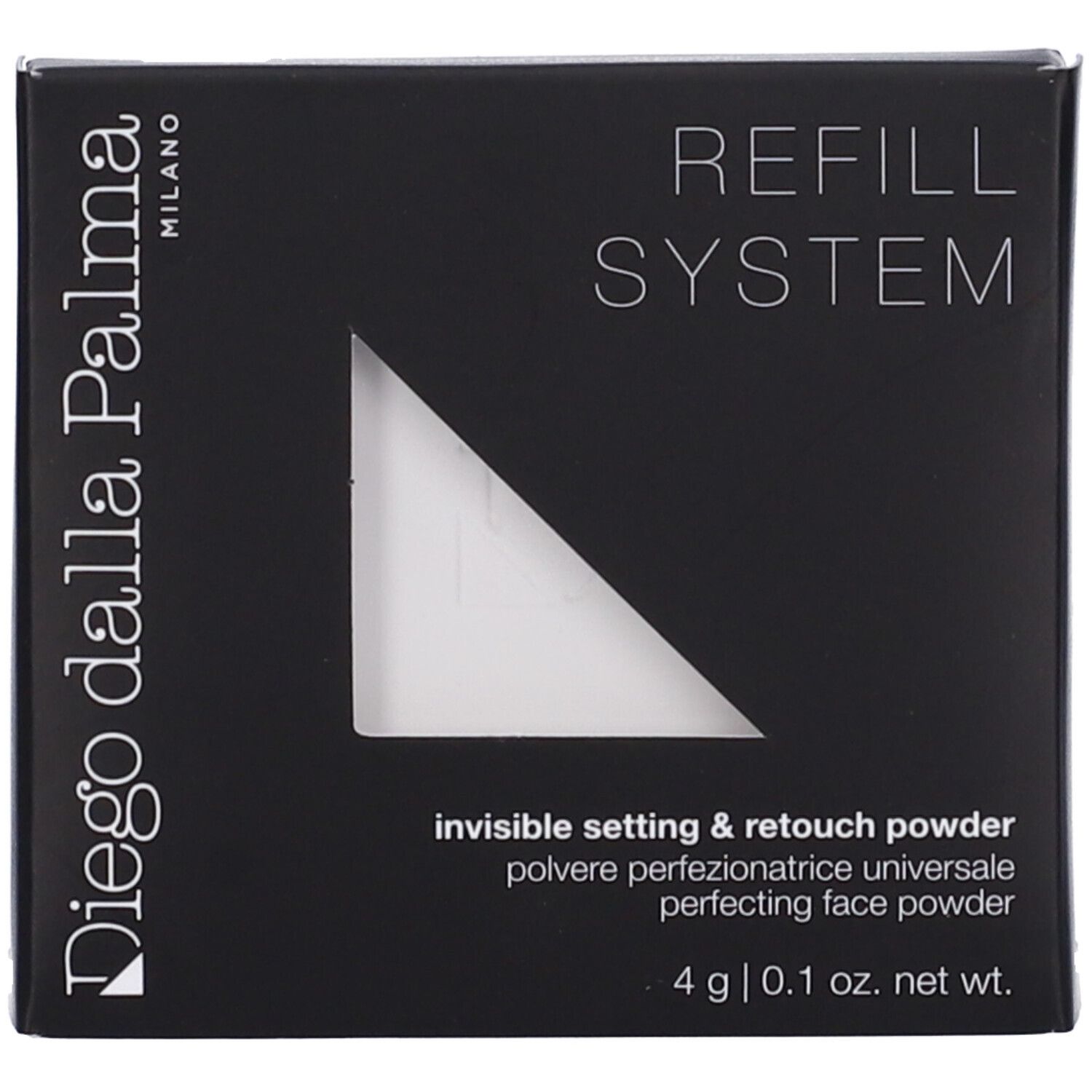 Confezione quadrata nera. Testo: Diego Dalla Palma Milano, REFILL SYSTEM, polvere invisibile fissaggio & ritocco, 4 g.