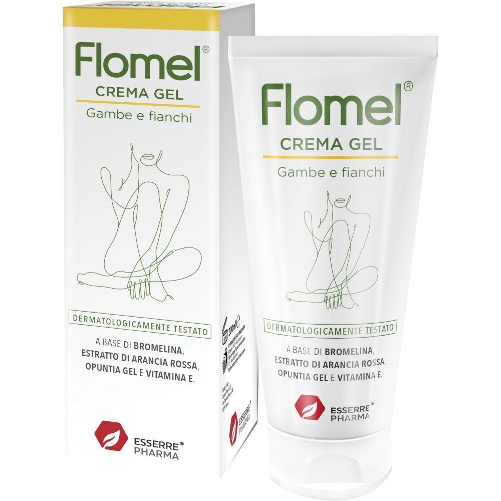 Tubo bianco con logo verde Flomel Crema Gel e confezione. Scritta: Gambe e fianchi. Dermatologicamente testato.