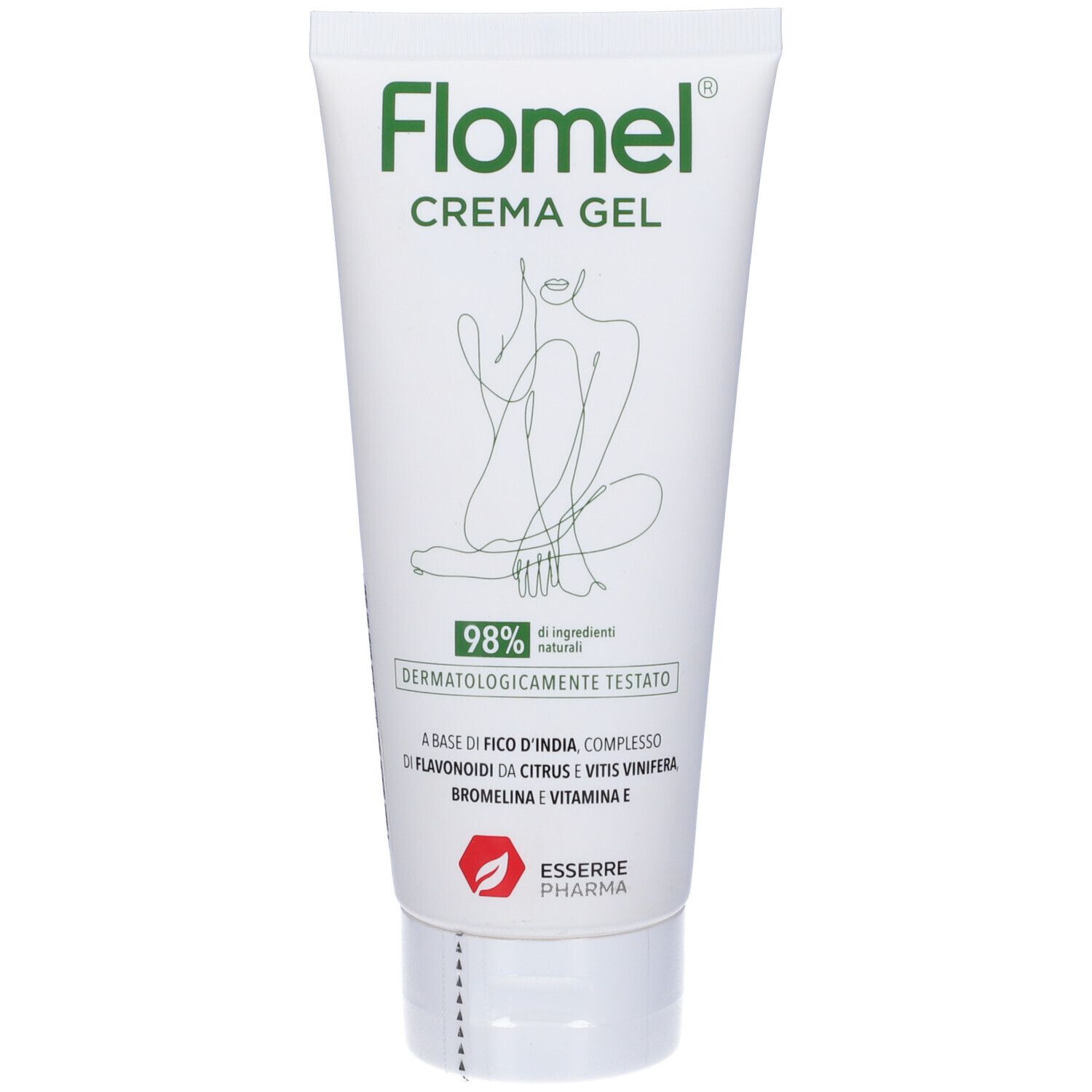 Tubo bianco Flomel Crema Gel con logo verde. Scritta: 98% ingredienti naturali. Dermatologicamente testato. Esserre Pharma.