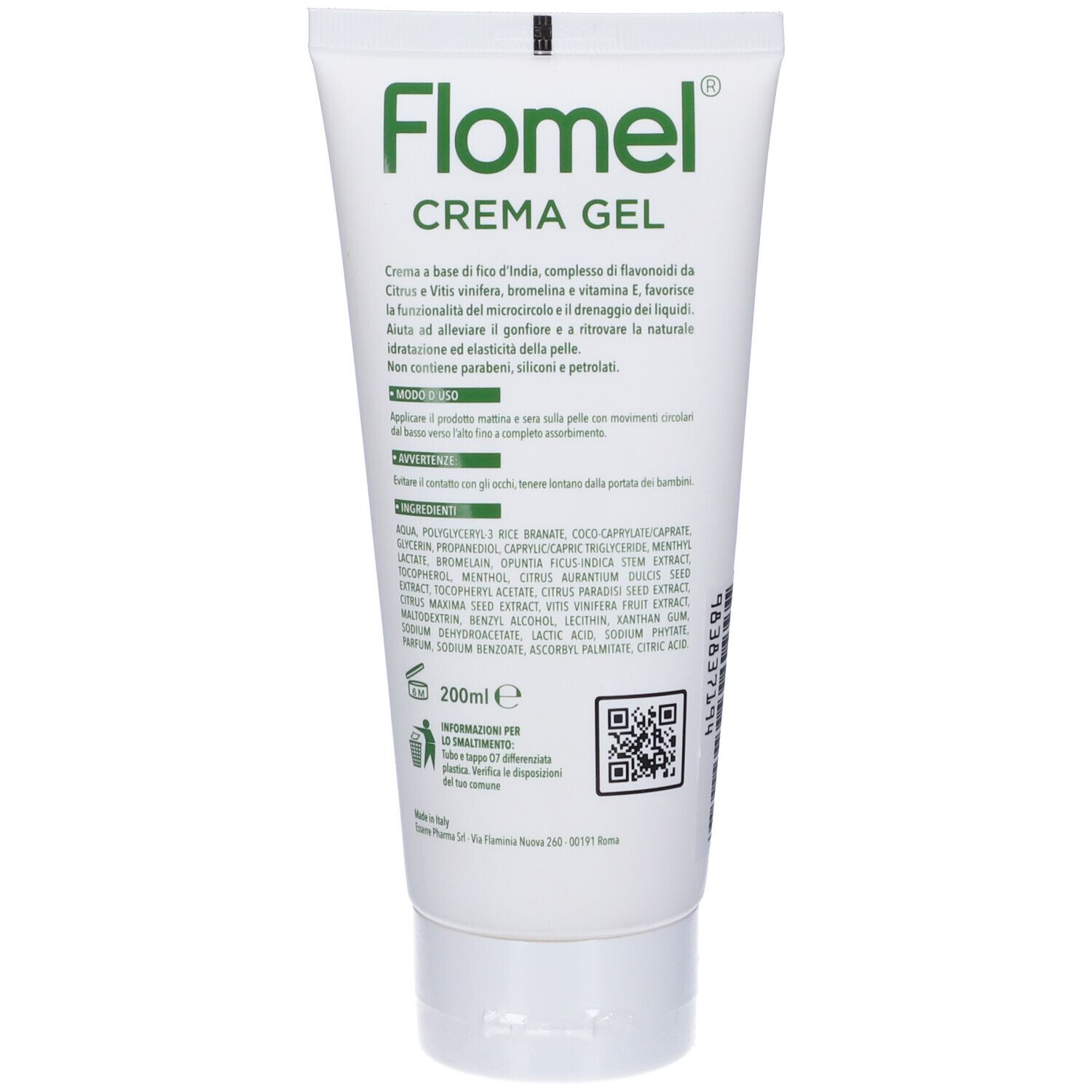 Retro del tubo Flomel Crema Gel. Testo: Modo d'uso, ingredienti, 200ml. Codice QR. Esserre Pharma.