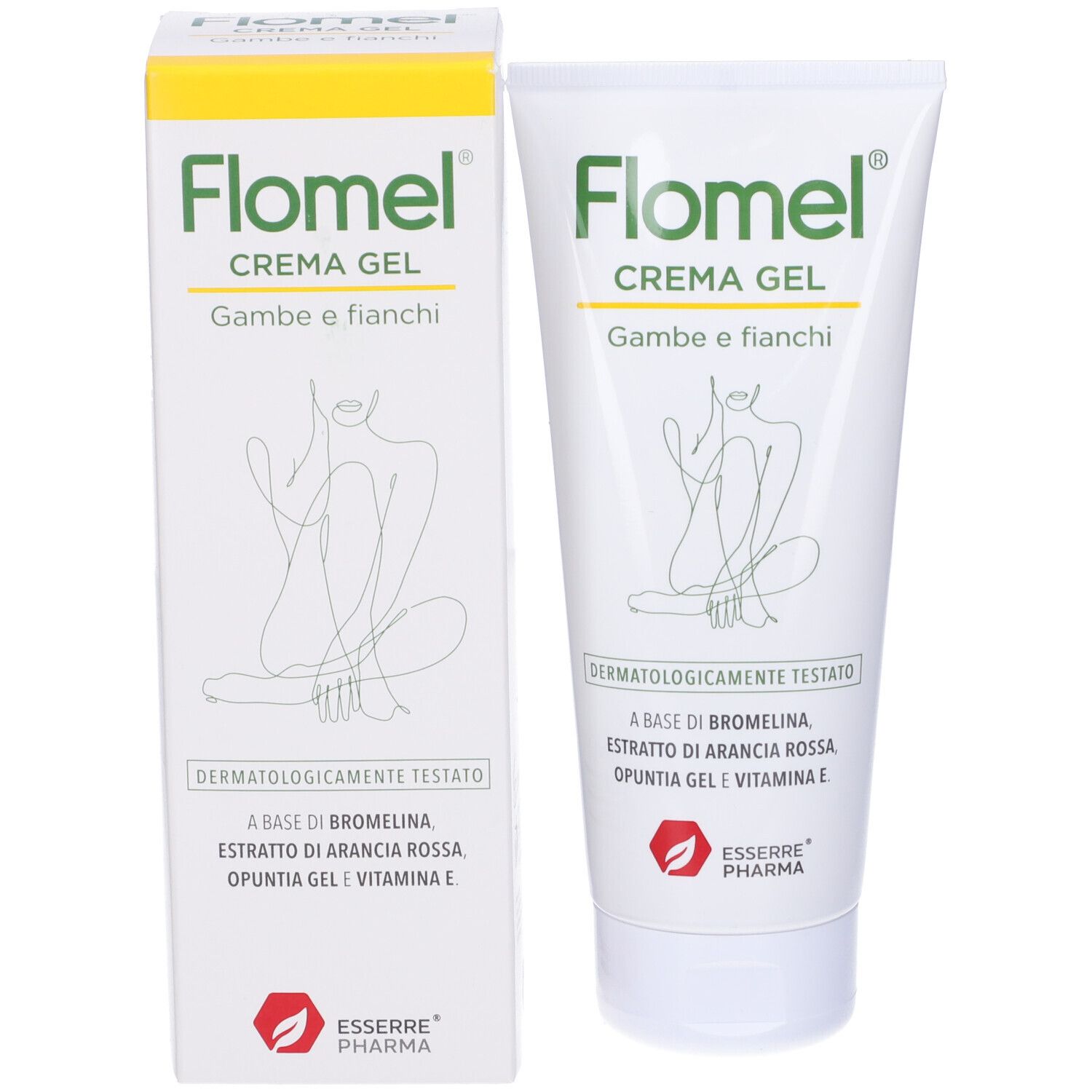 Tubo bianco e scatola Flomel Crema Gel. Scritta: Gambe e fianchi. Dermatologicamente testato. Esserre Pharma.