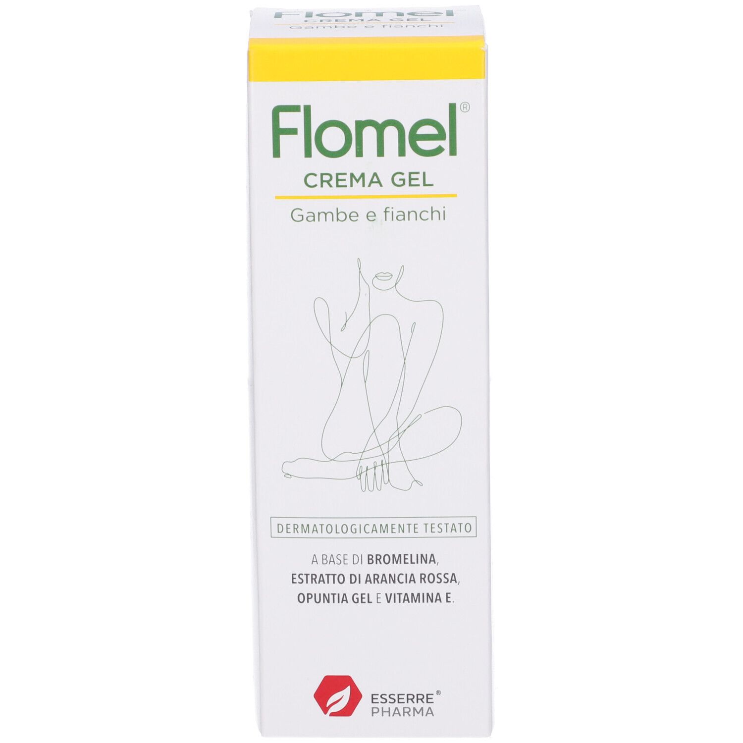 Scatola bianca Flomel Crema Gel. Scritta: Gambe e fianchi. Dermatologicamente testato. Esserre Pharma.