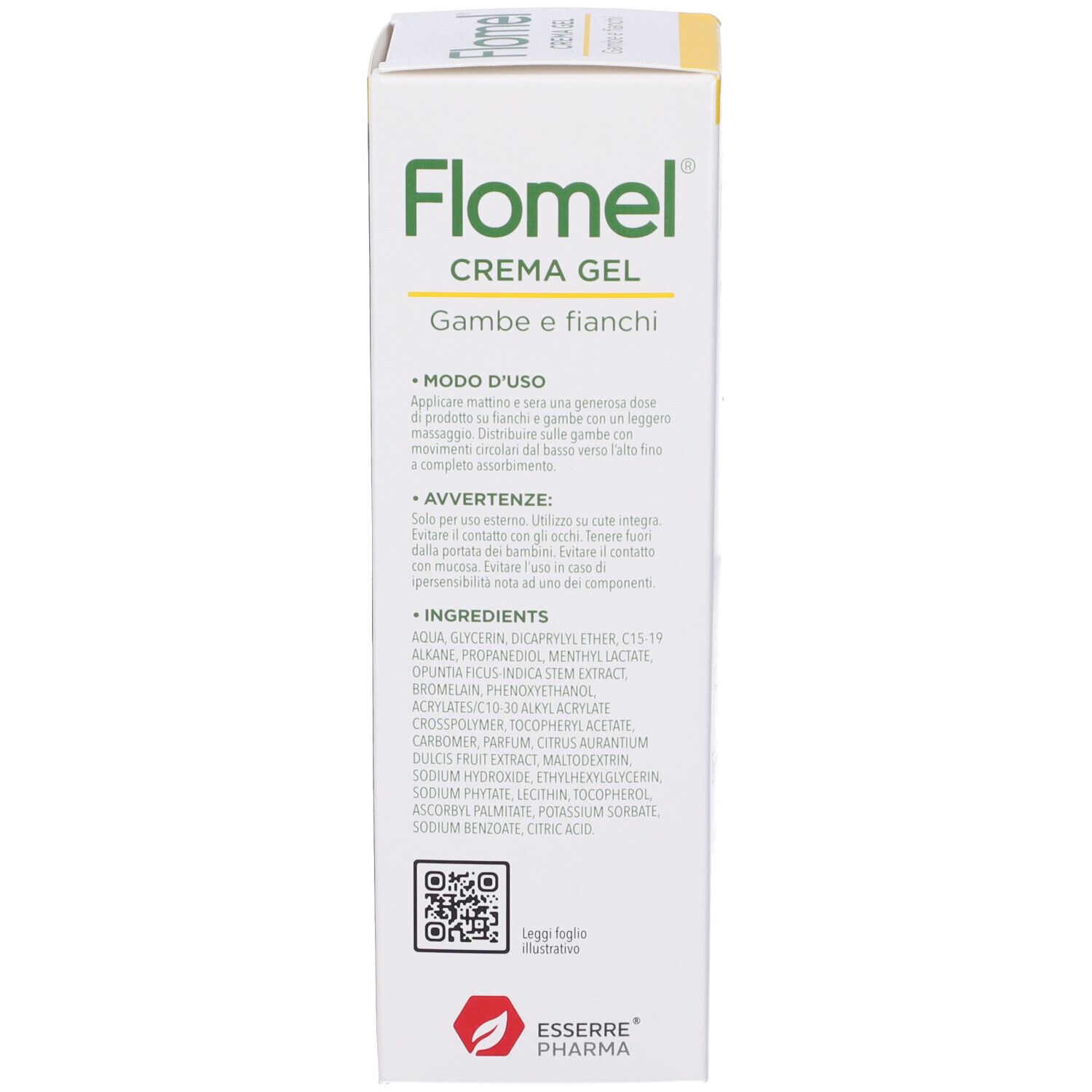 Retro della scatola Flomel Crema Gel. Testo: Modo d'uso, avvertenze, ingredienti. Codice QR.