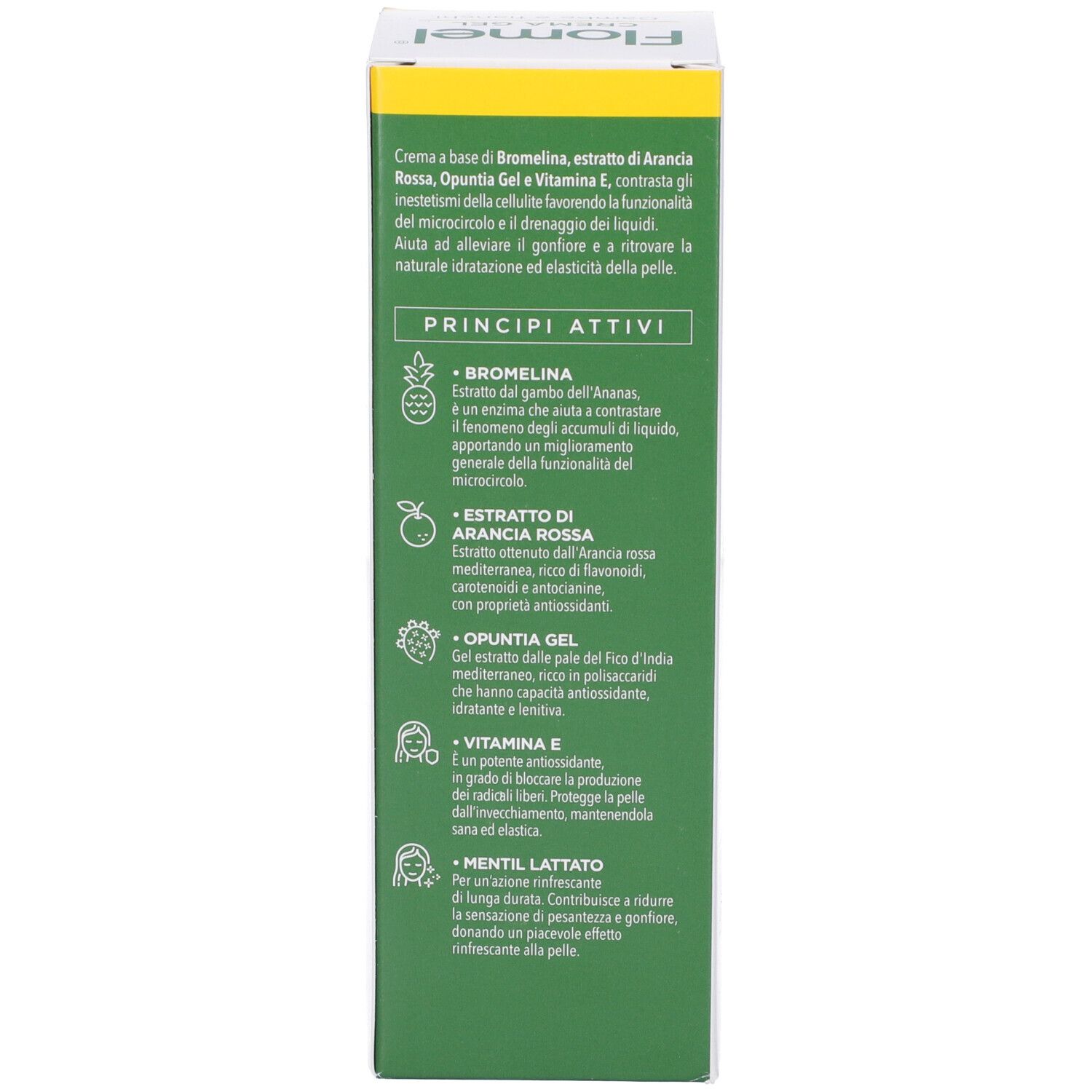 Lato della scatola Flomel Crema Gel. Testo: Principi attivi, bromelina, estratto di arancia, gel di Opuntia, vitamina E, mentolo.