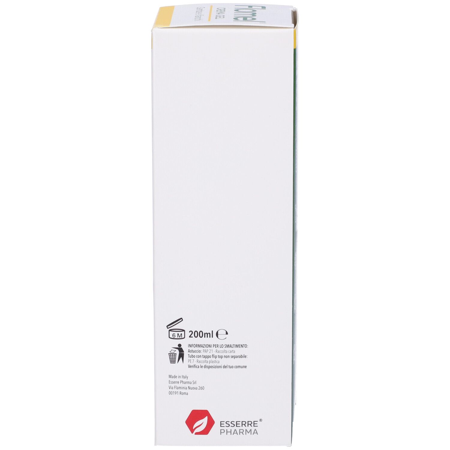 Lato della scatola Flomel Crema Gel. Testo: 200ml, simboli di riciclaggio, informazioni del produttore. Esserre Pharma.